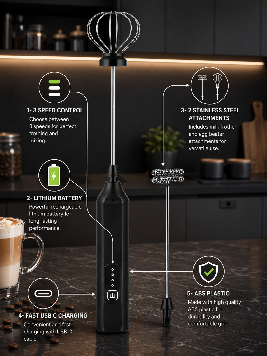 Image of Straw&Weave 60 W Black Electric Whisk, Hand Blender