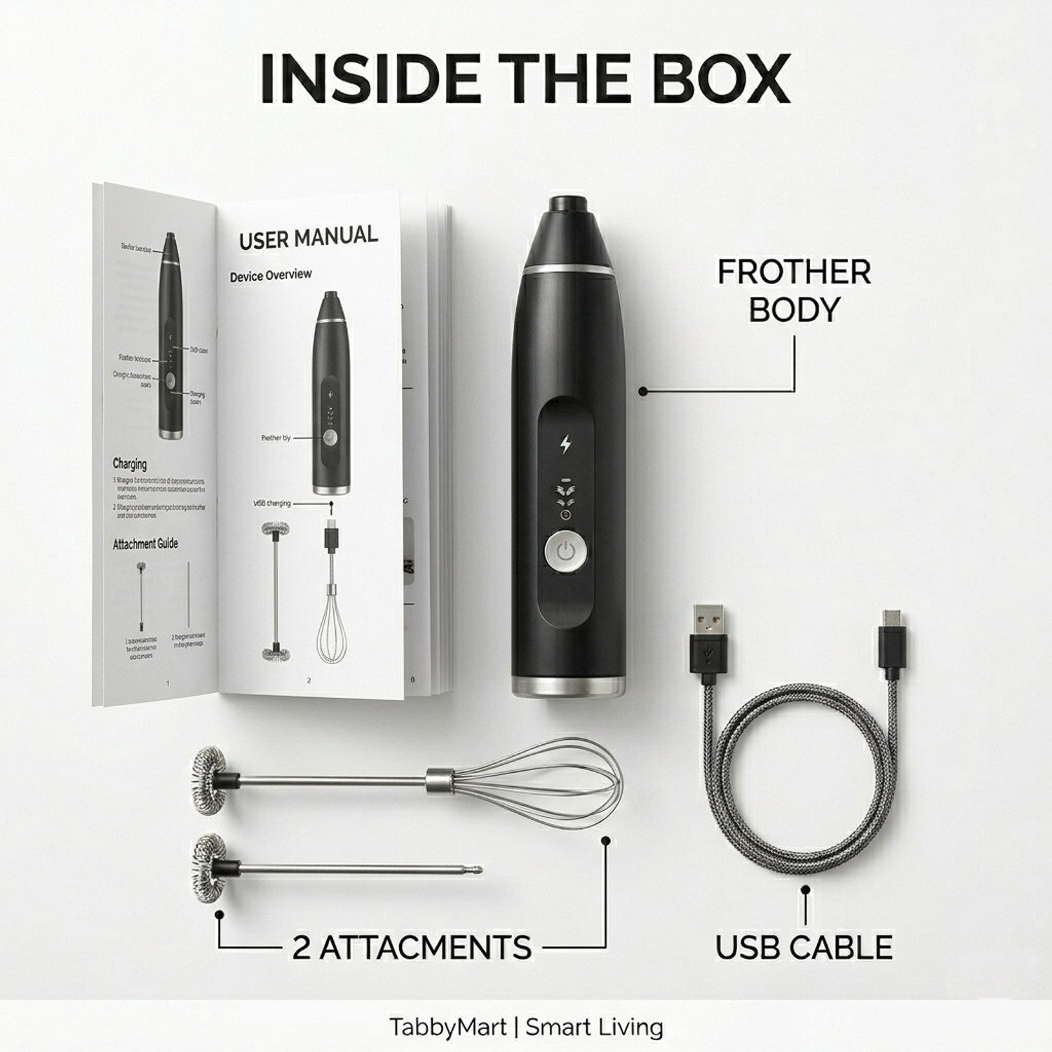 Image of Tabbymart 50 W Rechargeable Milk Frother & Egg Beater, 3-Speed USB Coffee Mixer, Black Electric Whisk