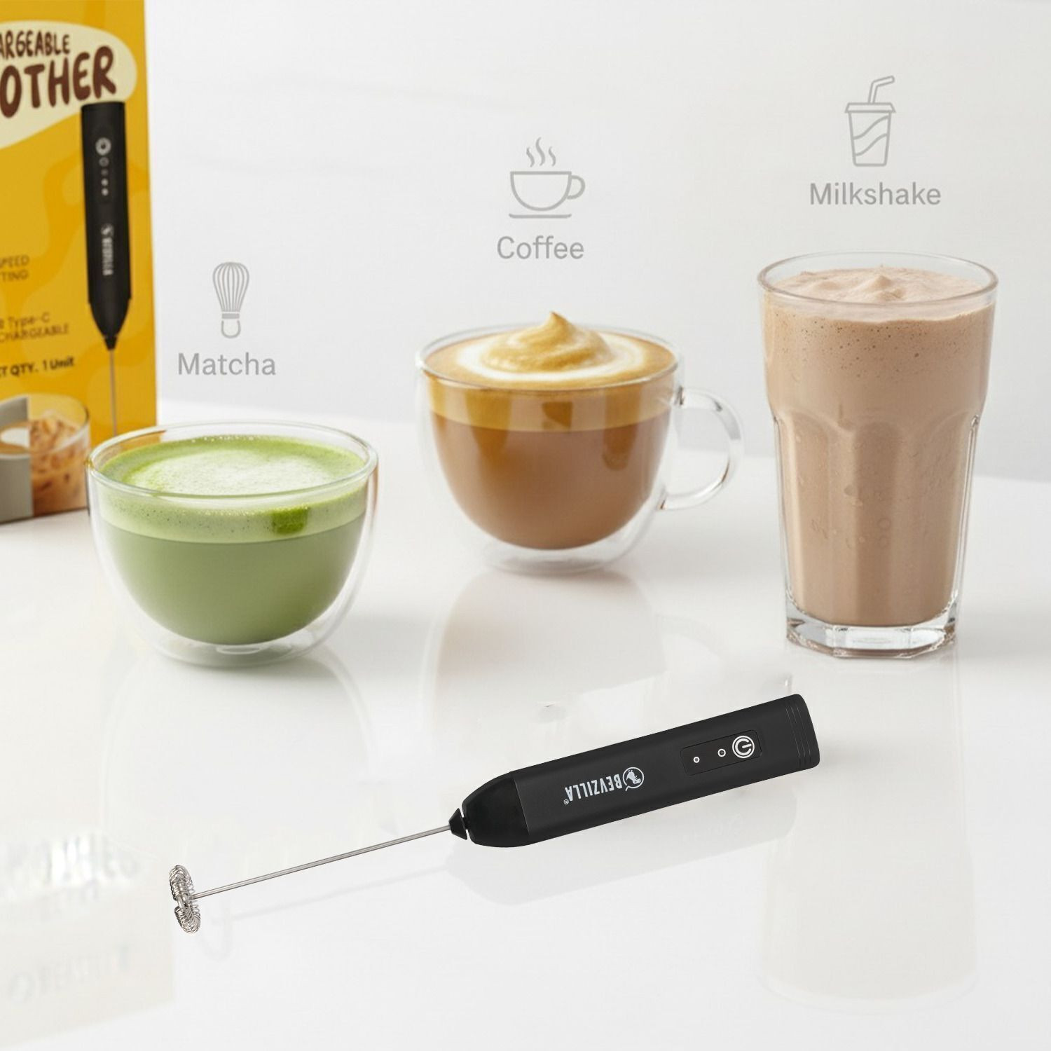 Image of Bevzilla 50 W 3-Speed Rechargeable Frother with Type-C Fast Charging | One-Touch Operation Electric Whisk, Hand Blender