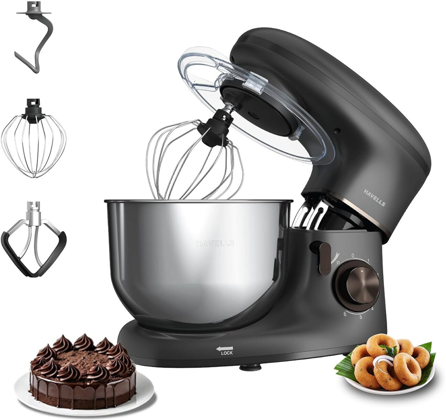 Image of HAVELLS 1100 W Crescent Stand Mixer 1100W|100% Copper Motor|Rust Resistant 5.5L SS Bowl Stand Mixer
