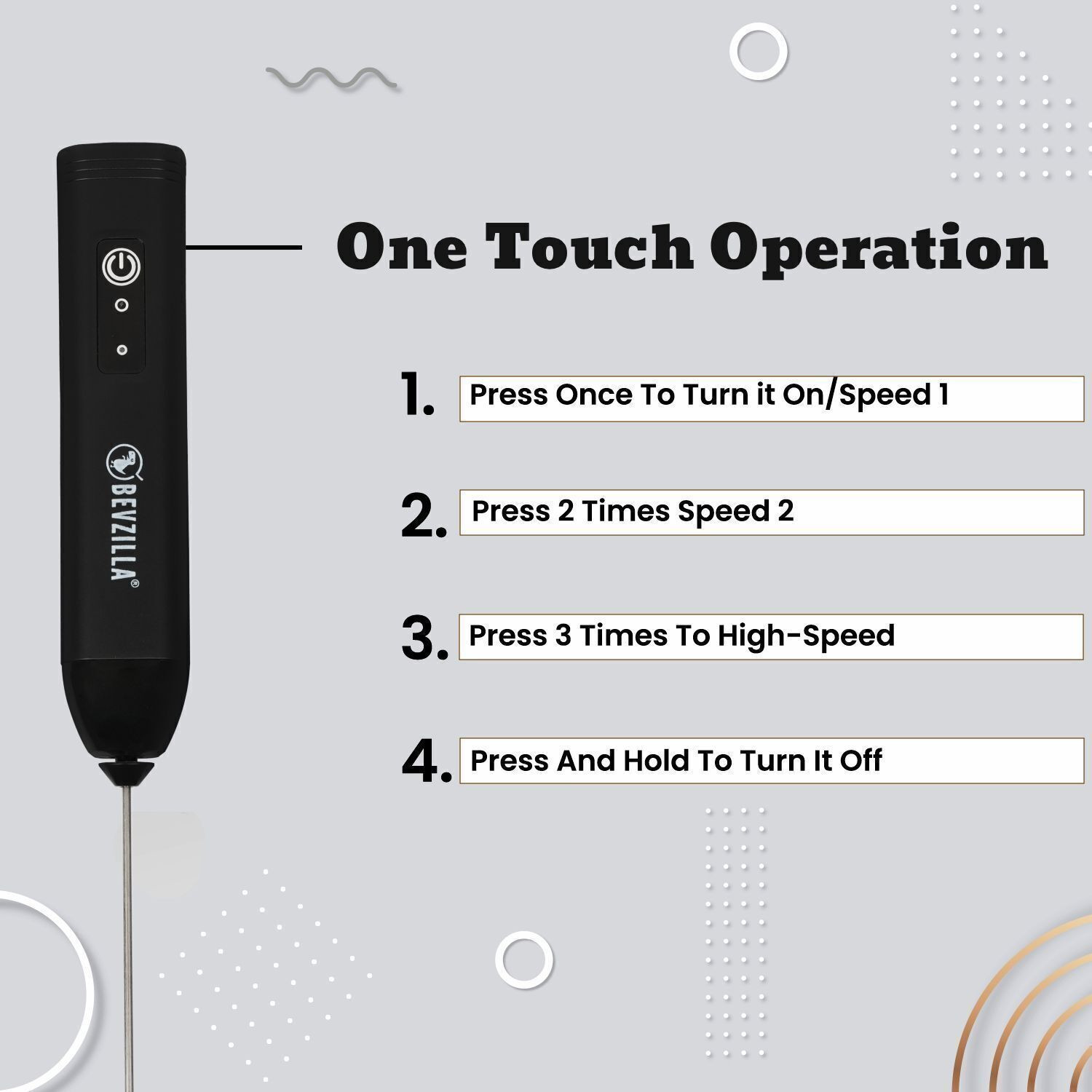 Image of Bevzilla 50 W 3-Speed Rechargeable Frother with Type-C Fast Charging | One-Touch Operation Electric Whisk, Hand Blender