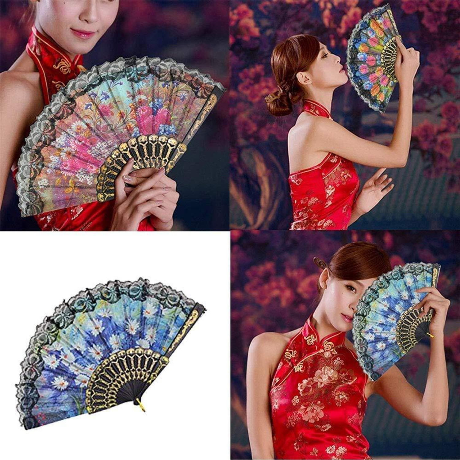 Image of VKT Foldable Floral Print Black Hand Fan