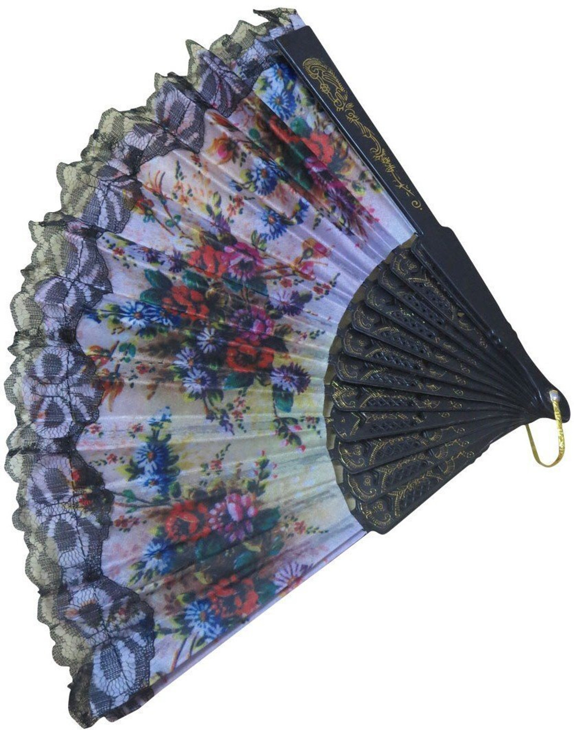 Image of VKT Foldable Floral Print Black Hand Fan