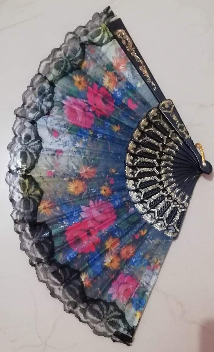 Image of VKT Foldable Floral Print Black Hand Fan