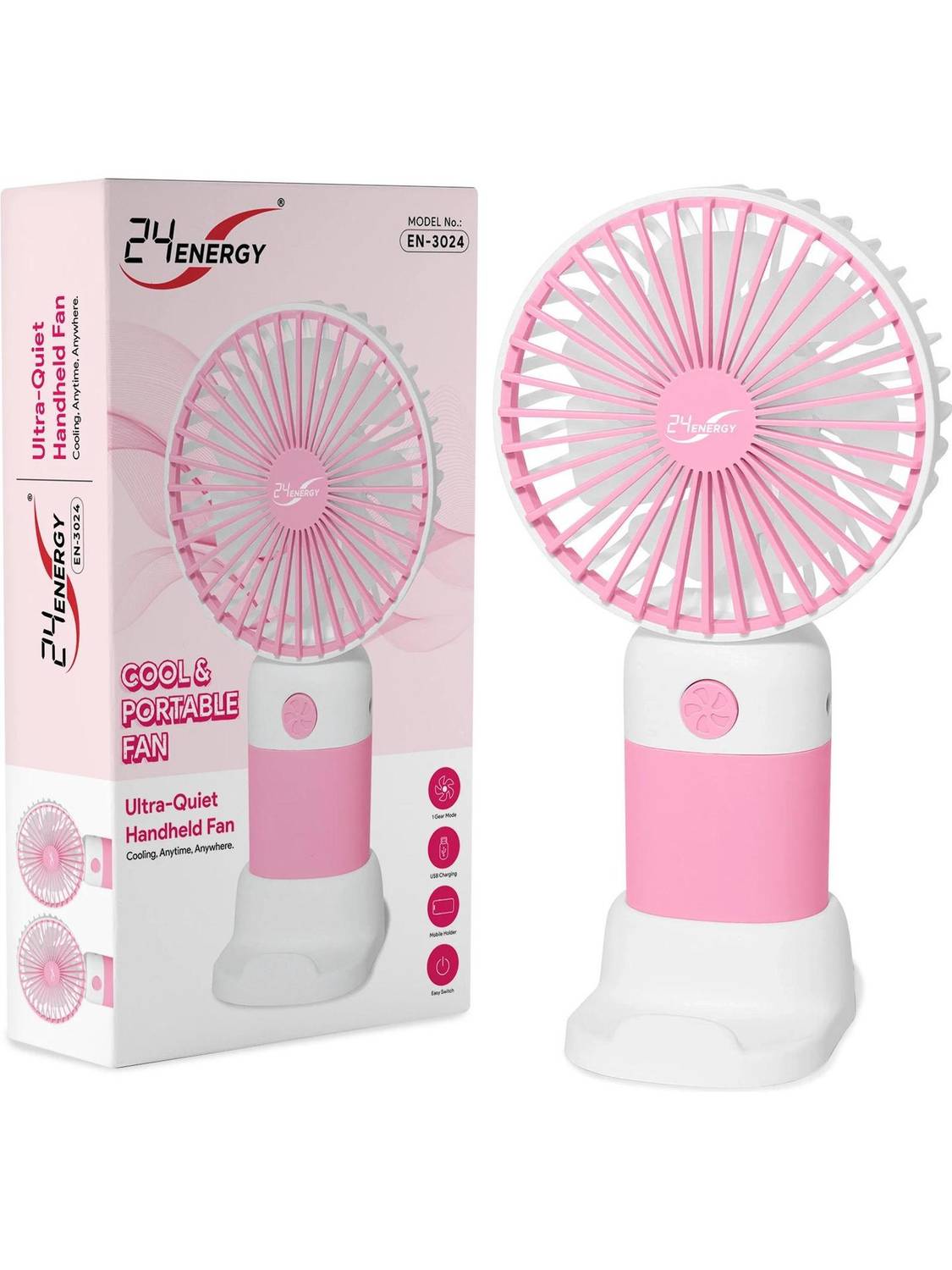 24 ENERGY Solid Pink Hand Fan
