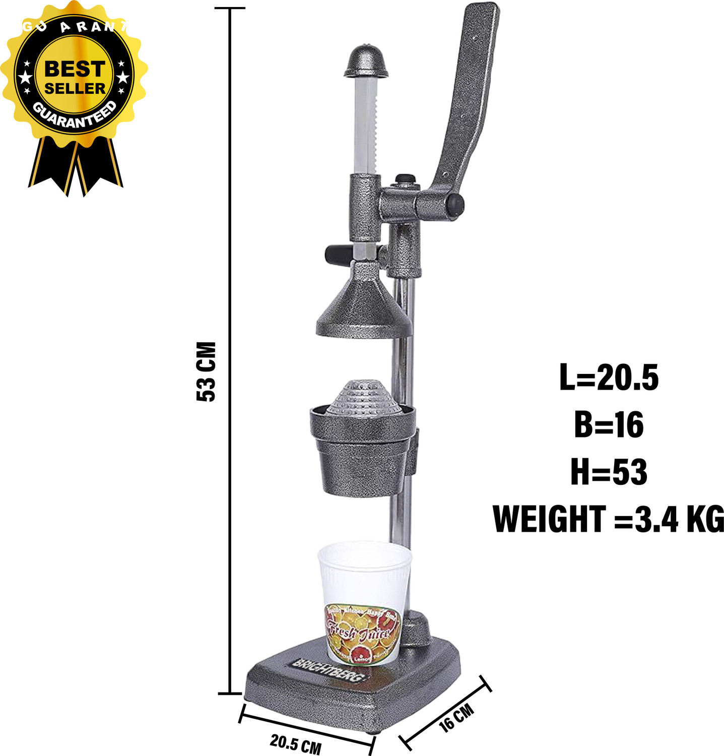 Image of BRIGHTBERG Aluminium Hand Pressure Juicer /Fruits Juicer /Vegetable Juicer /Manual Hand Juicer | Himalayan Aluminum Hand Press Citrus Juicer with hand grip, All Metal body Big, Silver, powder coated Hand Juicer