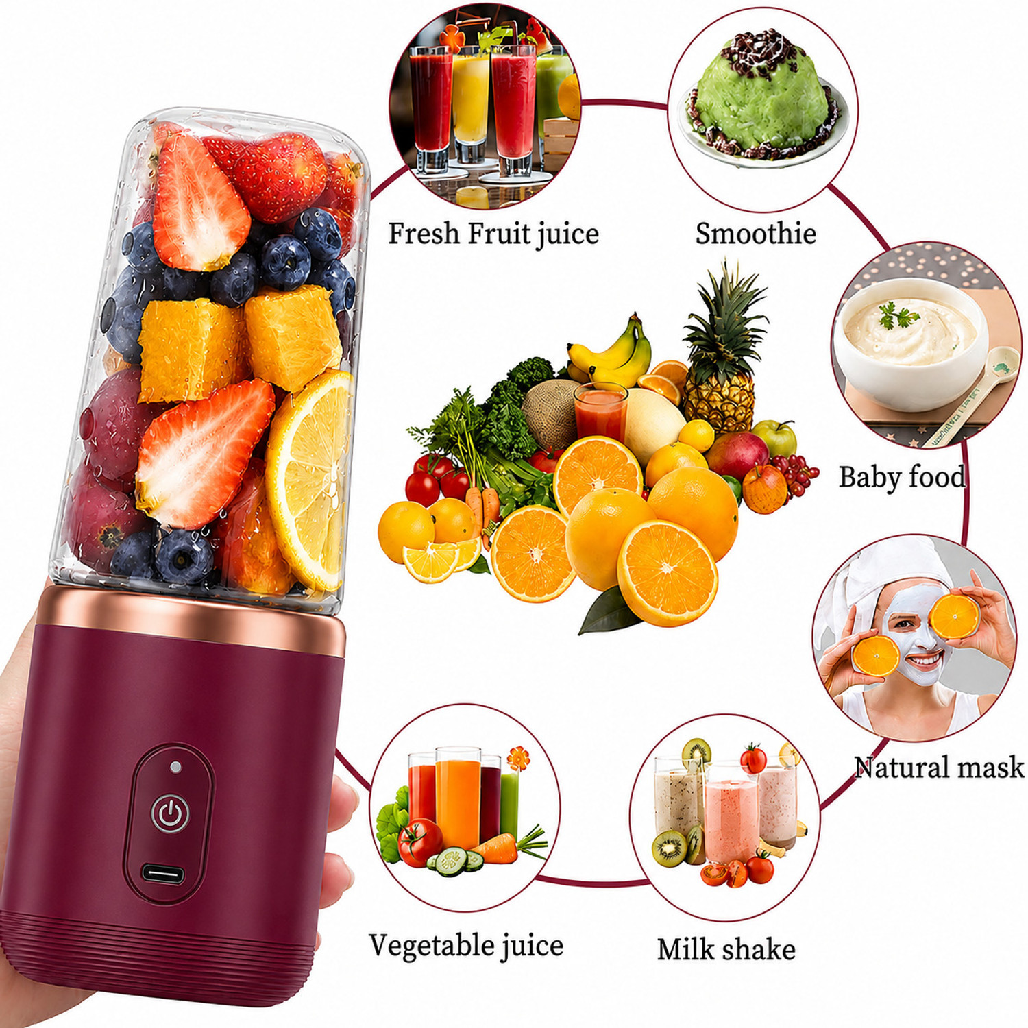 Image of Luranol Plastic Electric Portable Juicer Mixer Grinder Mini Smoothie Maker Jar,4 Blades,3 Gears Hand Juicer