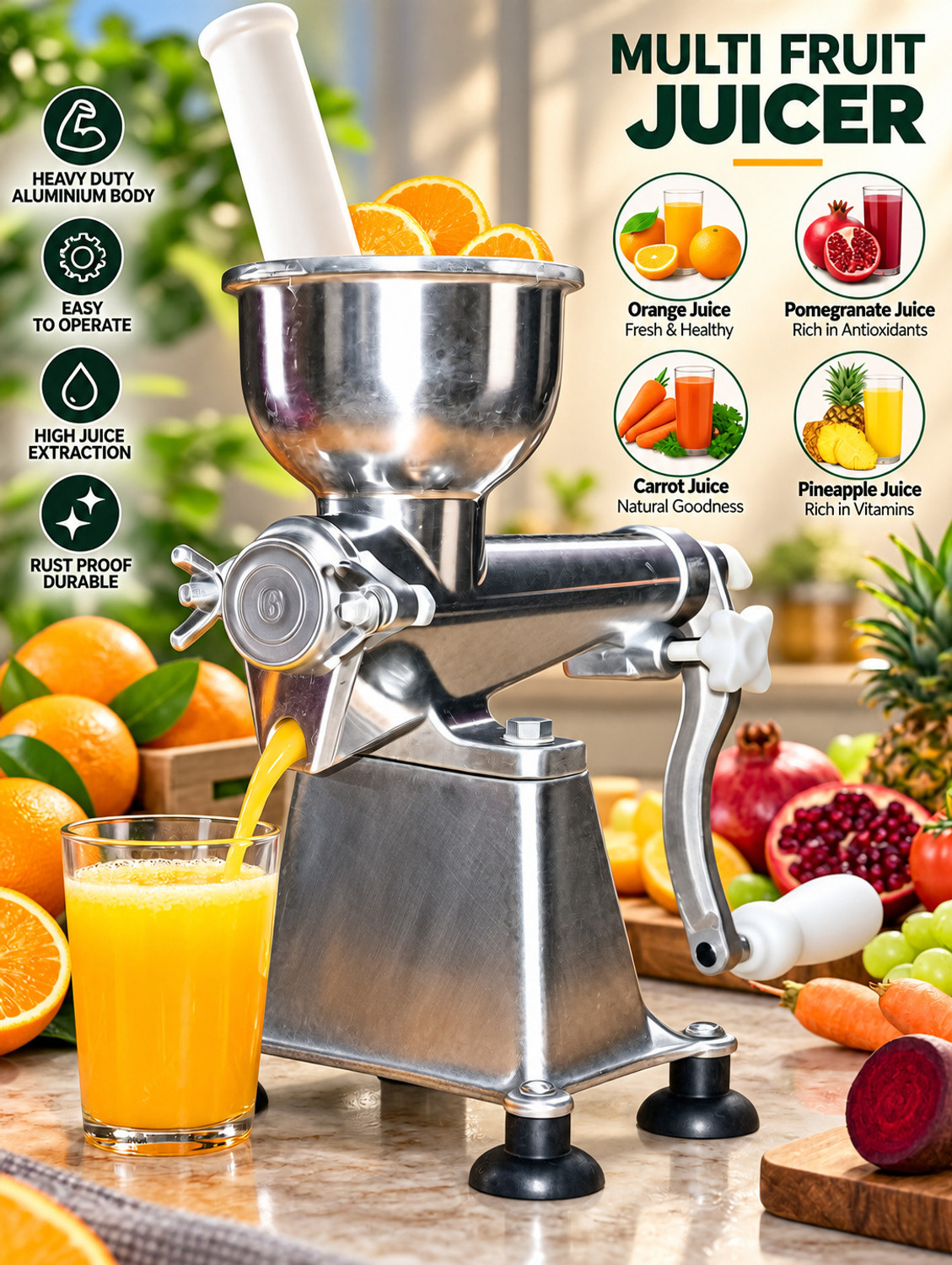 Image of Velaris Aluminium Aluminium Manual Fruit Juicer Machine | Hand Crank Juice Extractor Hand Juicer (Silver)