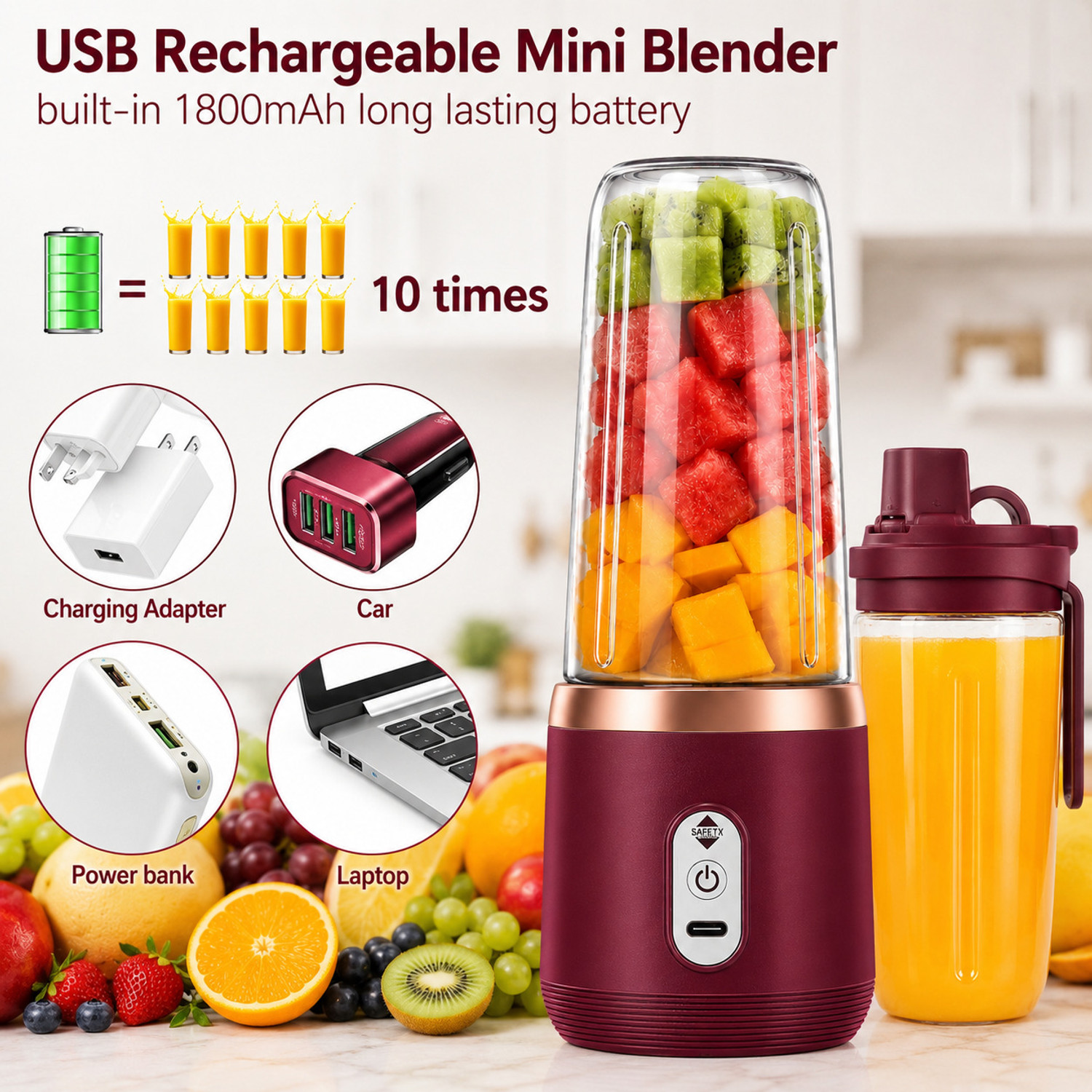Image of Luranol Plastic Electric Portable Juicer Mixer Grinder Mini Smoothie Maker Jar,4 Blades,3 Gears Hand Juicer