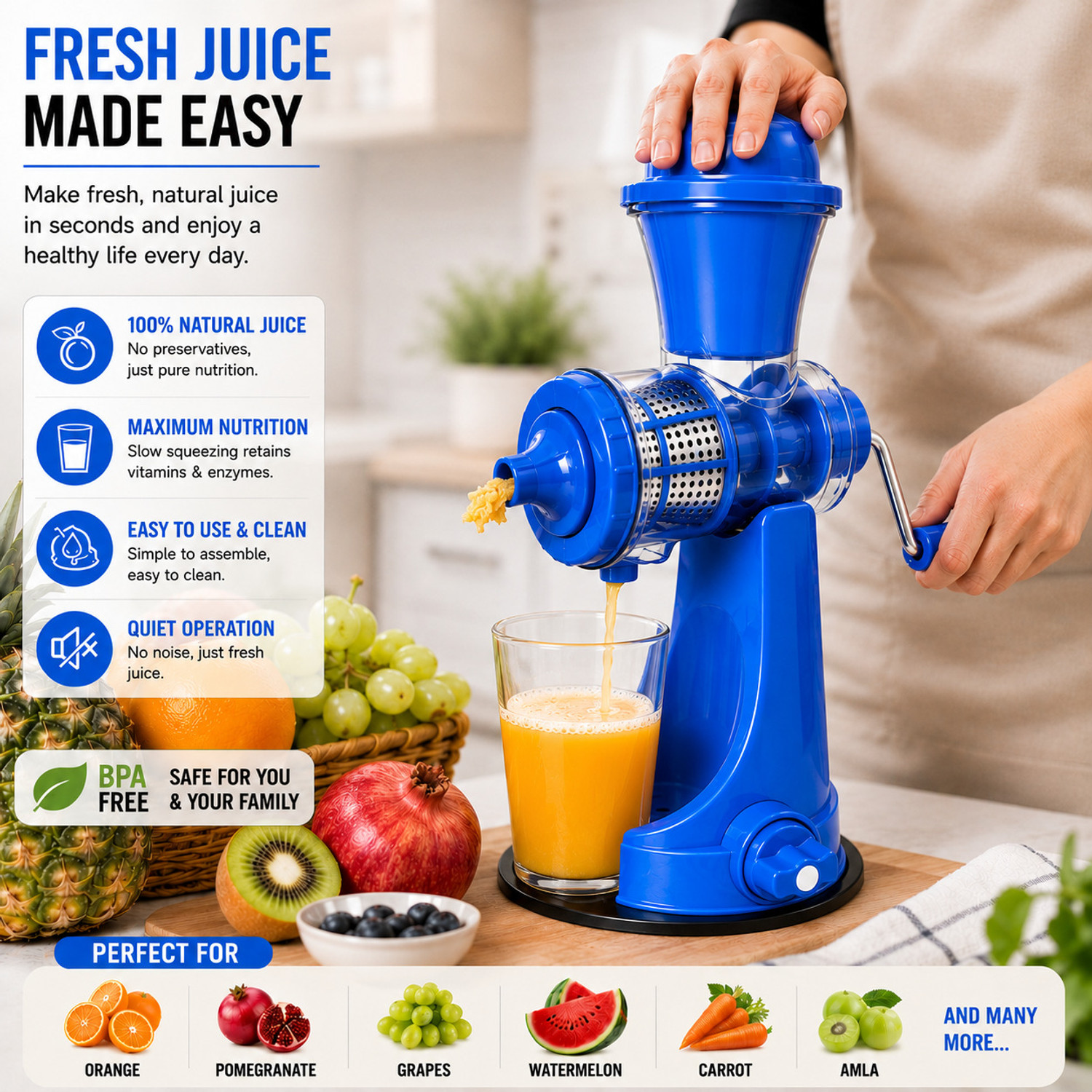 Image of Mighty Kitchen Plastic, Steel Mighty Kitchen Fruit Juicer with Suction Base Hand Juicer