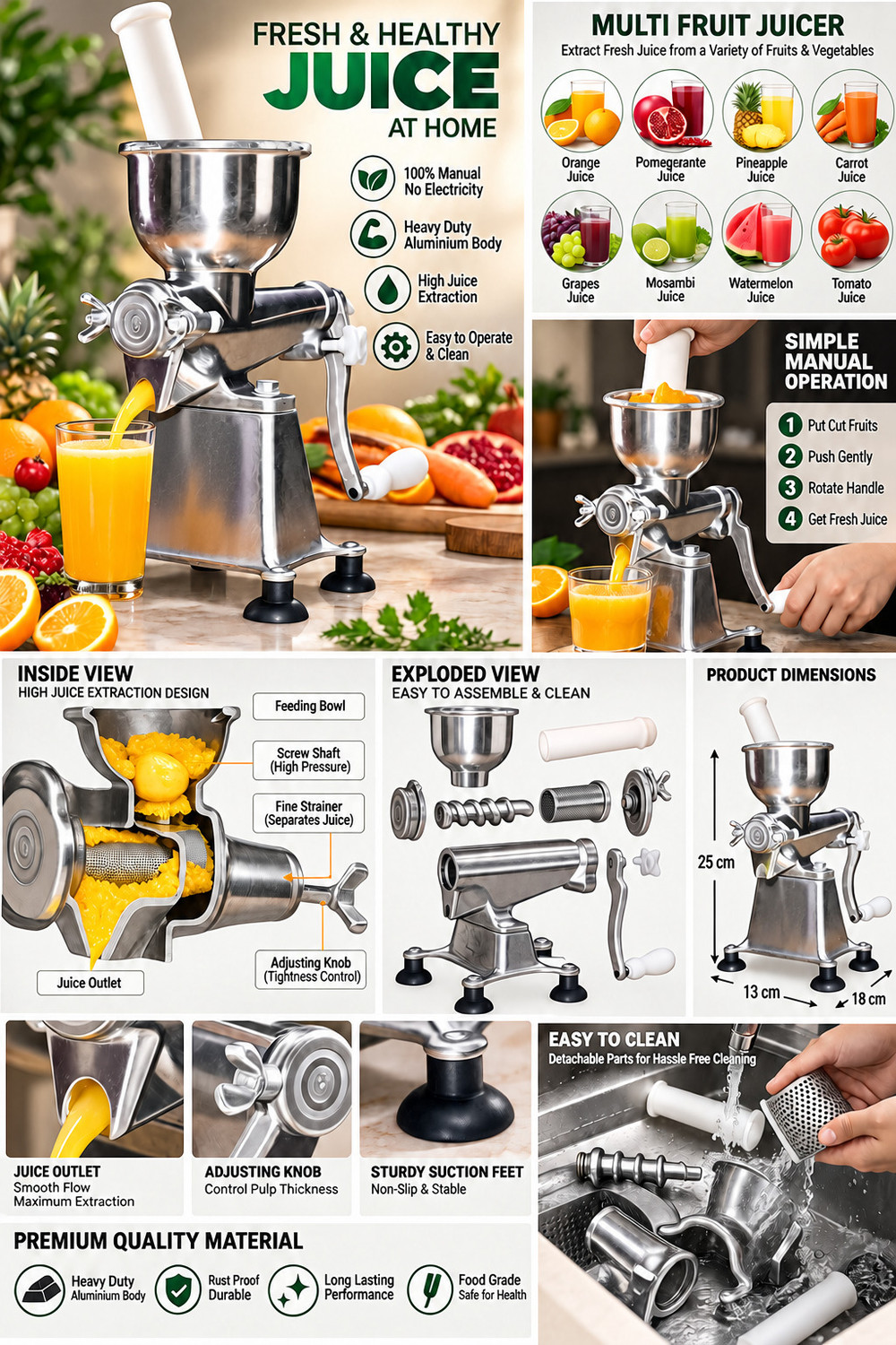 Image of Velaris Aluminium Aluminium Manual Fruit Juicer Machine | Hand Crank Juice Extractor Hand Juicer (Silver)
