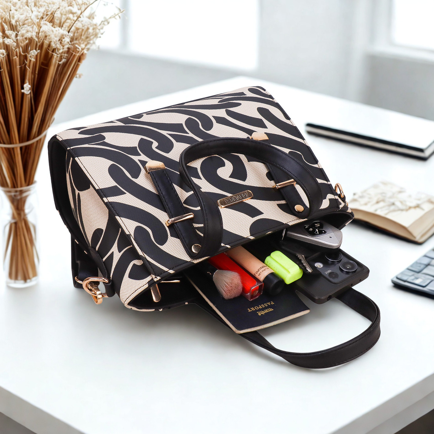 Image of OLIVENCE Black Hand-held Bag HandBag for Women Party Wear Printed Top Handle Shoulder Crossbody Sling