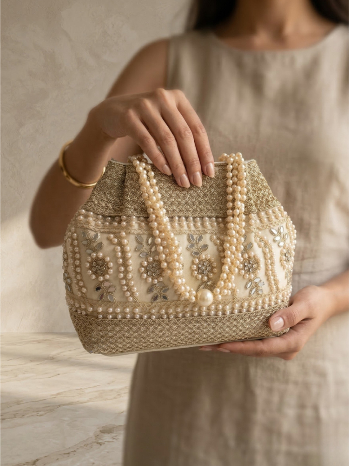 Image of ITALISH Elegant Gold Pearl Embroidered Potli Style Handbag for Wedding Party Cosmetic Bag