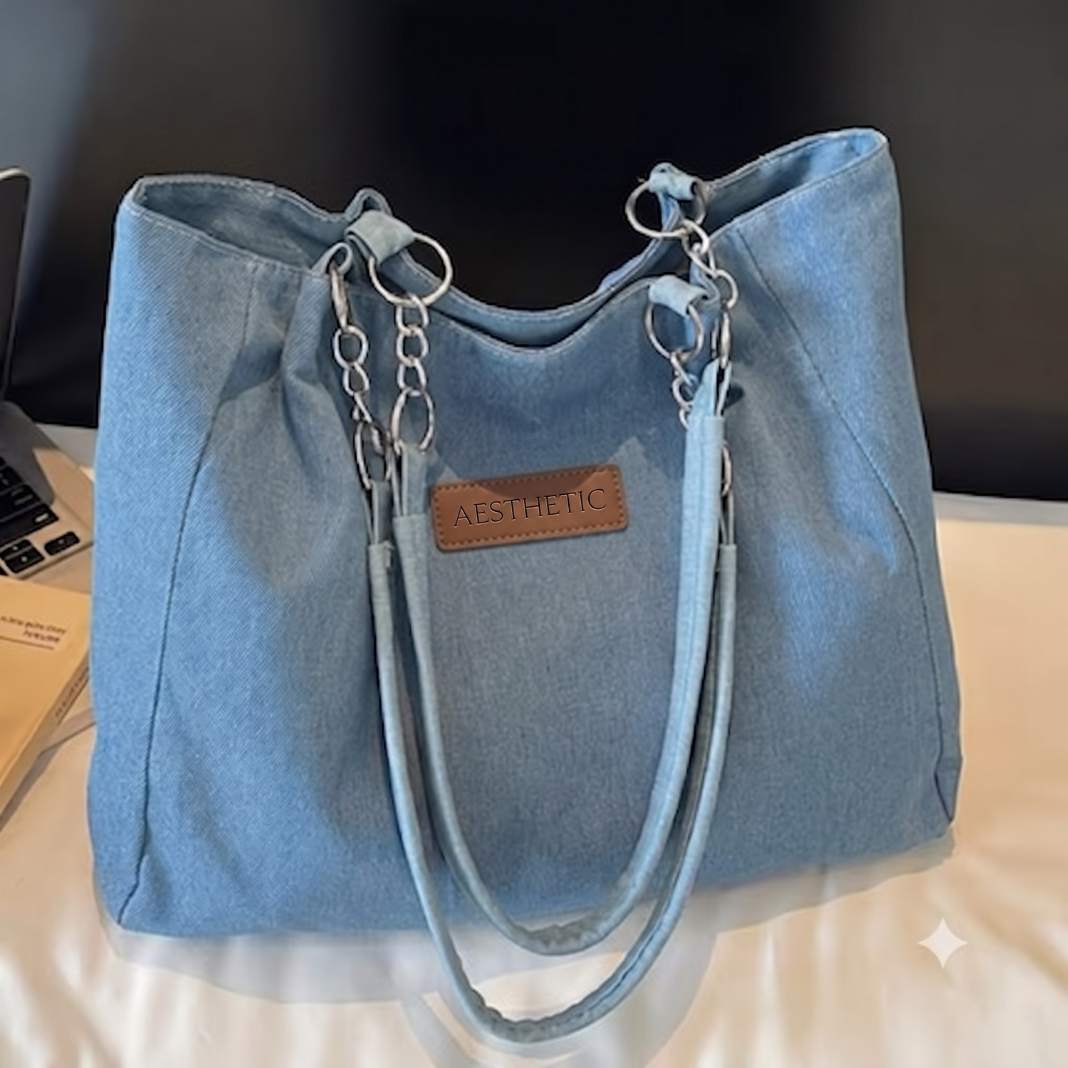 Image of Aesthetic Handbags Women Blue Hand-held Bag
