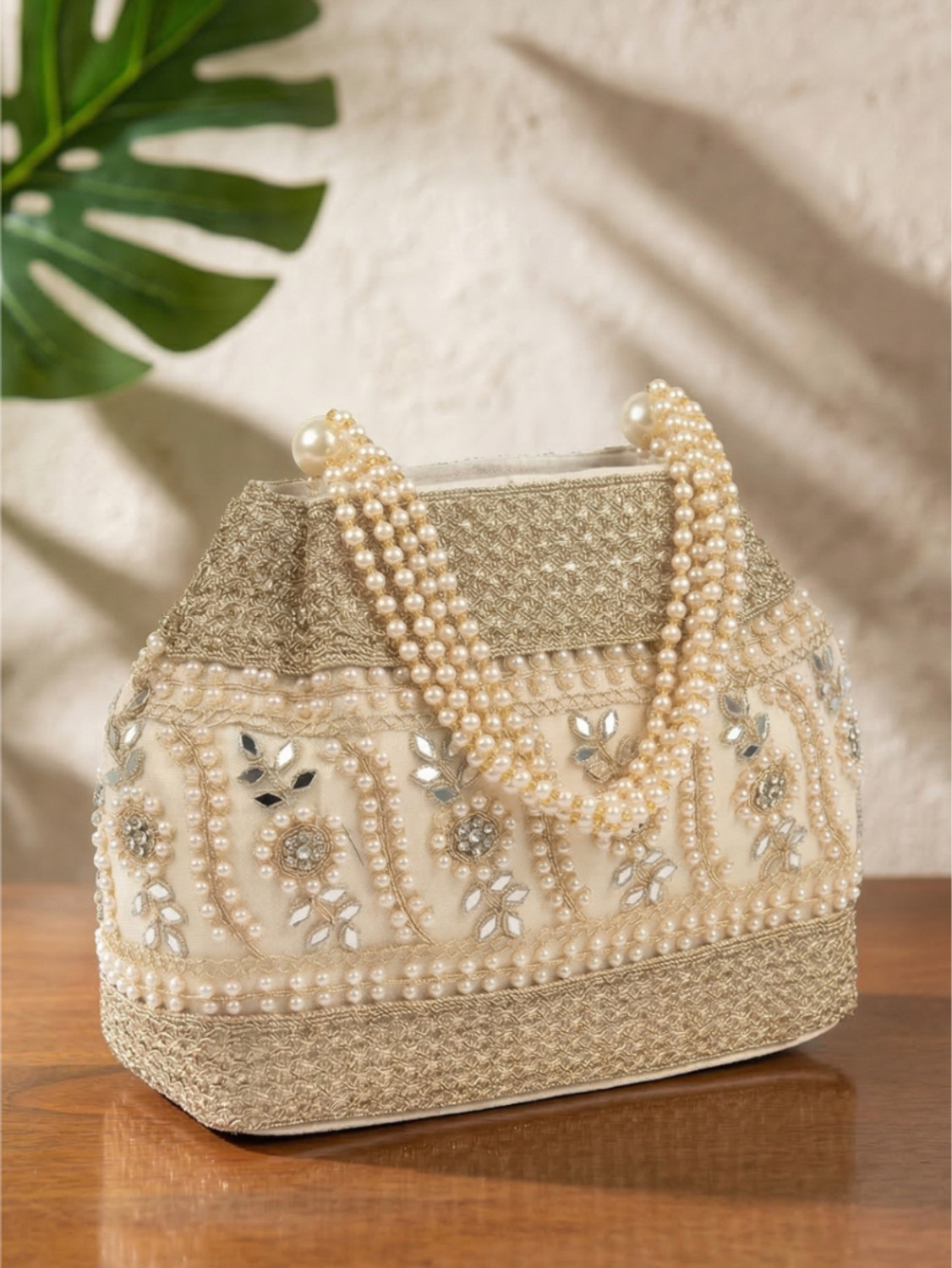 Image of ITALISH Elegant Gold Pearl Embroidered Potli Style Handbag for Wedding Party Cosmetic Bag