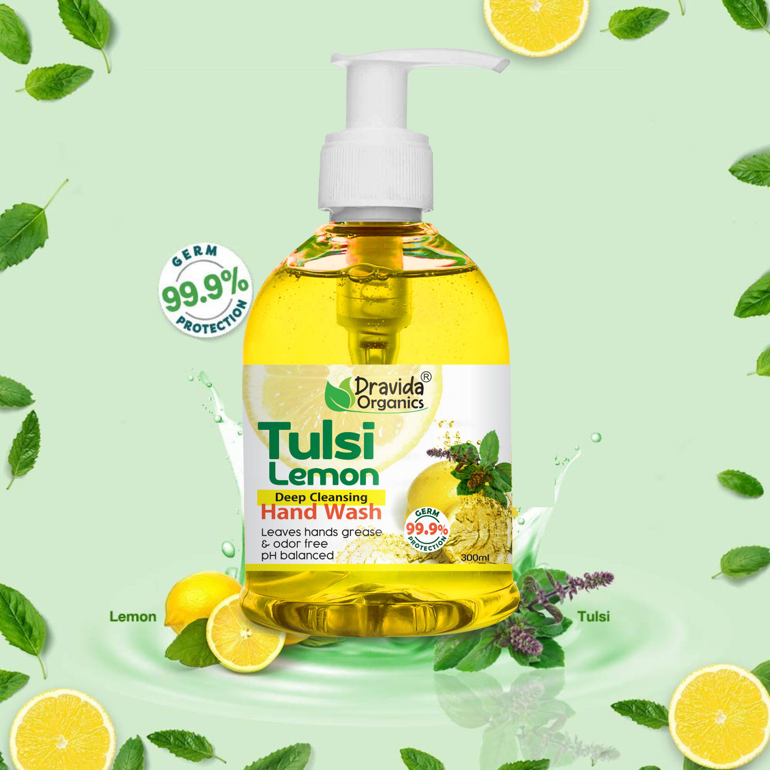 Image of Dravida Organics Pure Tulsi & Lemon Hand Wash for Deep Cleansing | Hand Protection | Refreshing Hand Wash Pump Dispenser