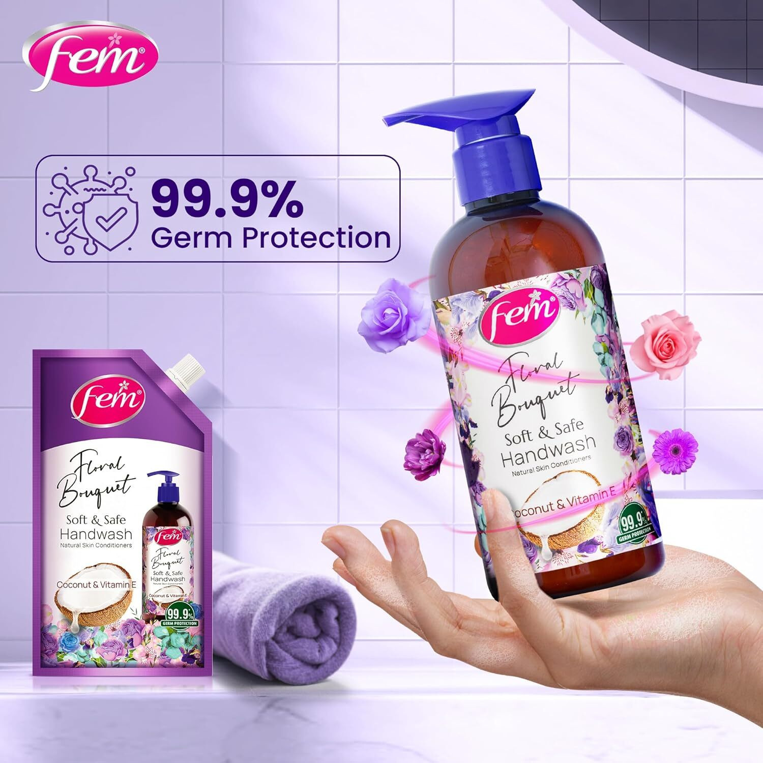 Image of Fem Floral Bouquet + Fruity Squash Liquid Handwash - Pack of 2 | With Coconut Milk Hand Wash Refill Pouch