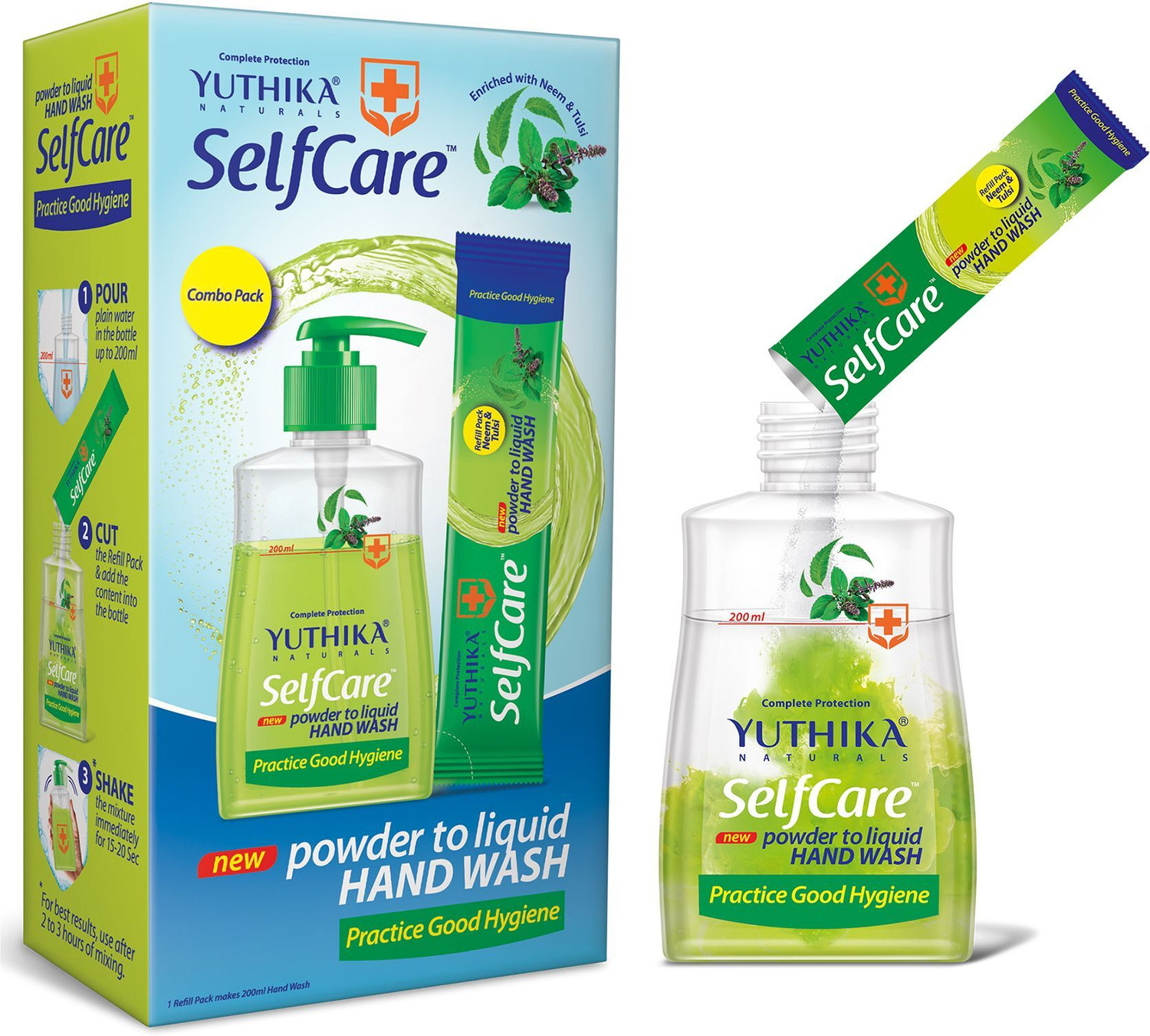 Image of Yuthika Selfcare Powder to Liquid Hand Wash Combo Neem - Bottle + 1 Sachet of 9gm Each Hand Wash Box