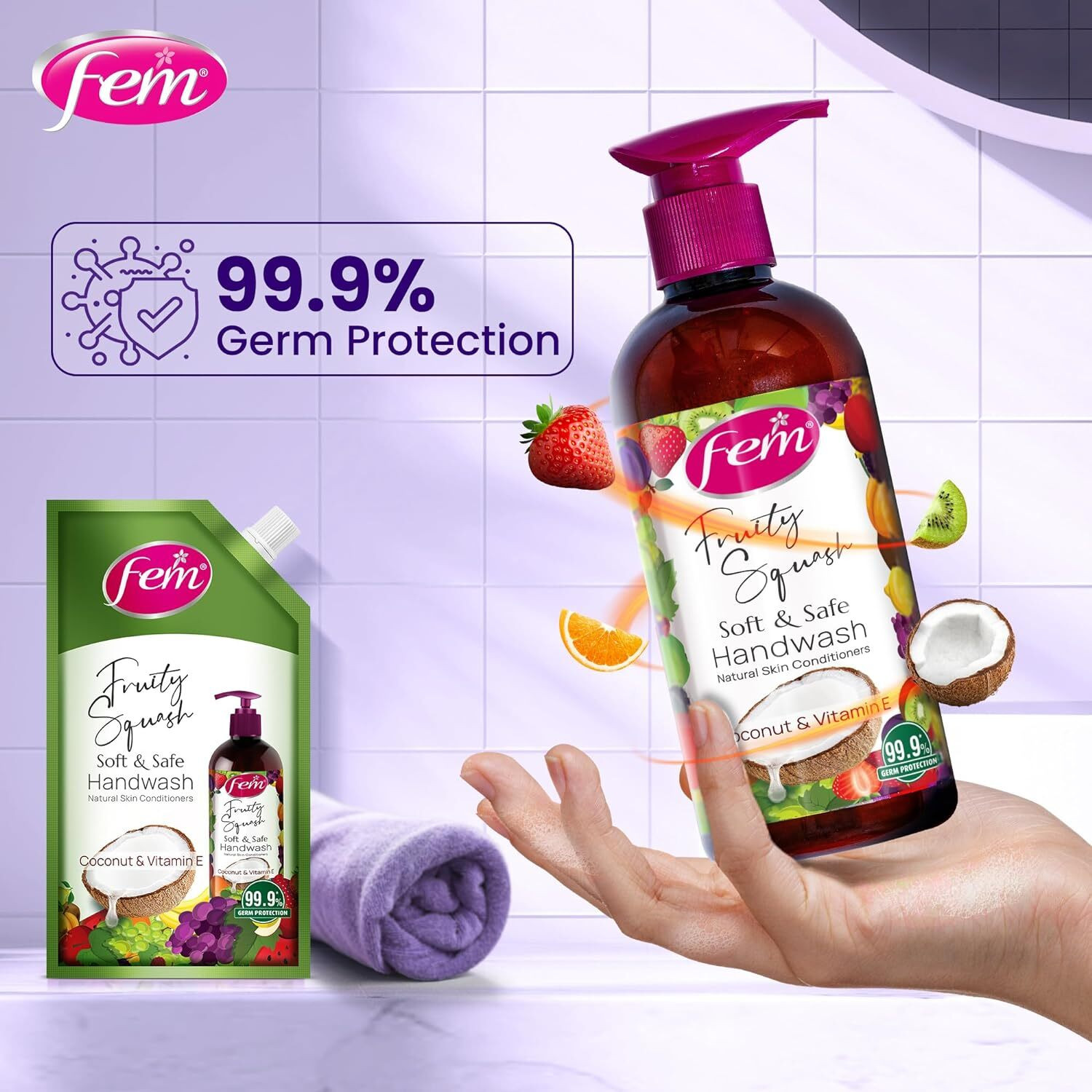 Image of Fem Floral Bouquet + Fruity Squash Liquid Handwash - Pack of 2 | With Coconut Milk Hand Wash Refill Pouch