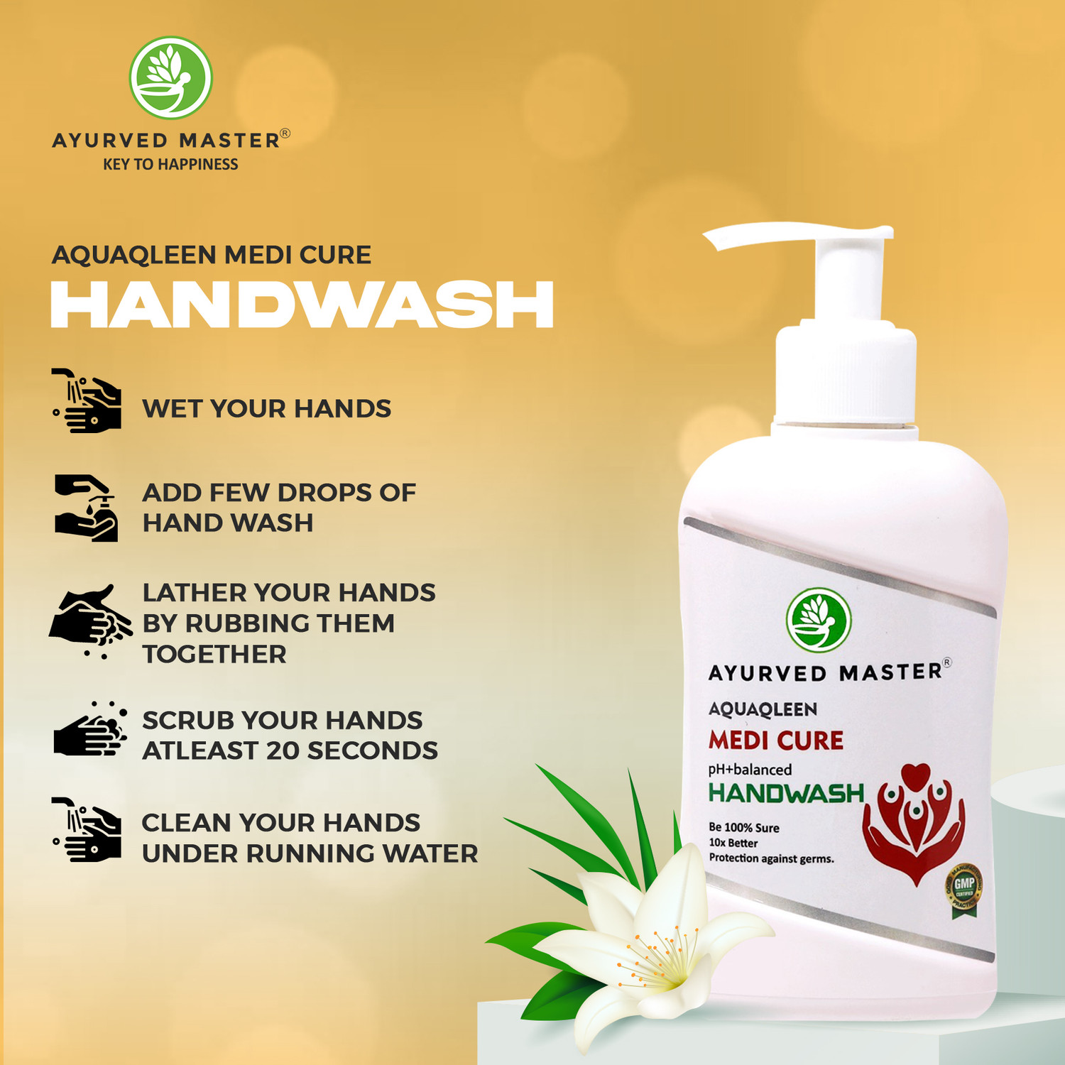 Image of AYURVED MASTER Advanced Skincare Moisturizing Liquid Medicure Hand Wash Bottle, Fights 100+ Hand Wash Refill + Dispenser