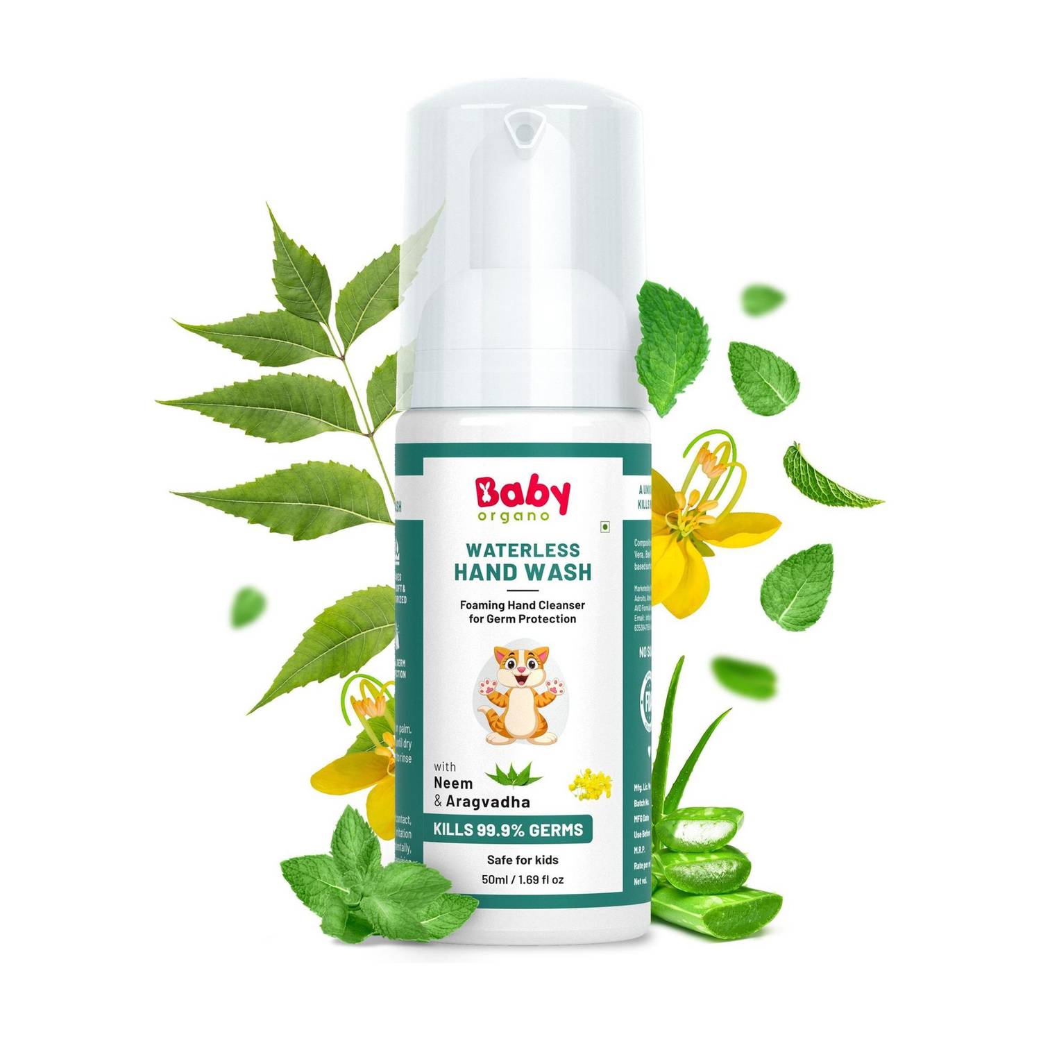 BabyOrgano Waterless Foam for Kids Alcohol-Free Neem Aloe Vera Aragvadha Pack of 1 Hand Wash Pump Dispenser