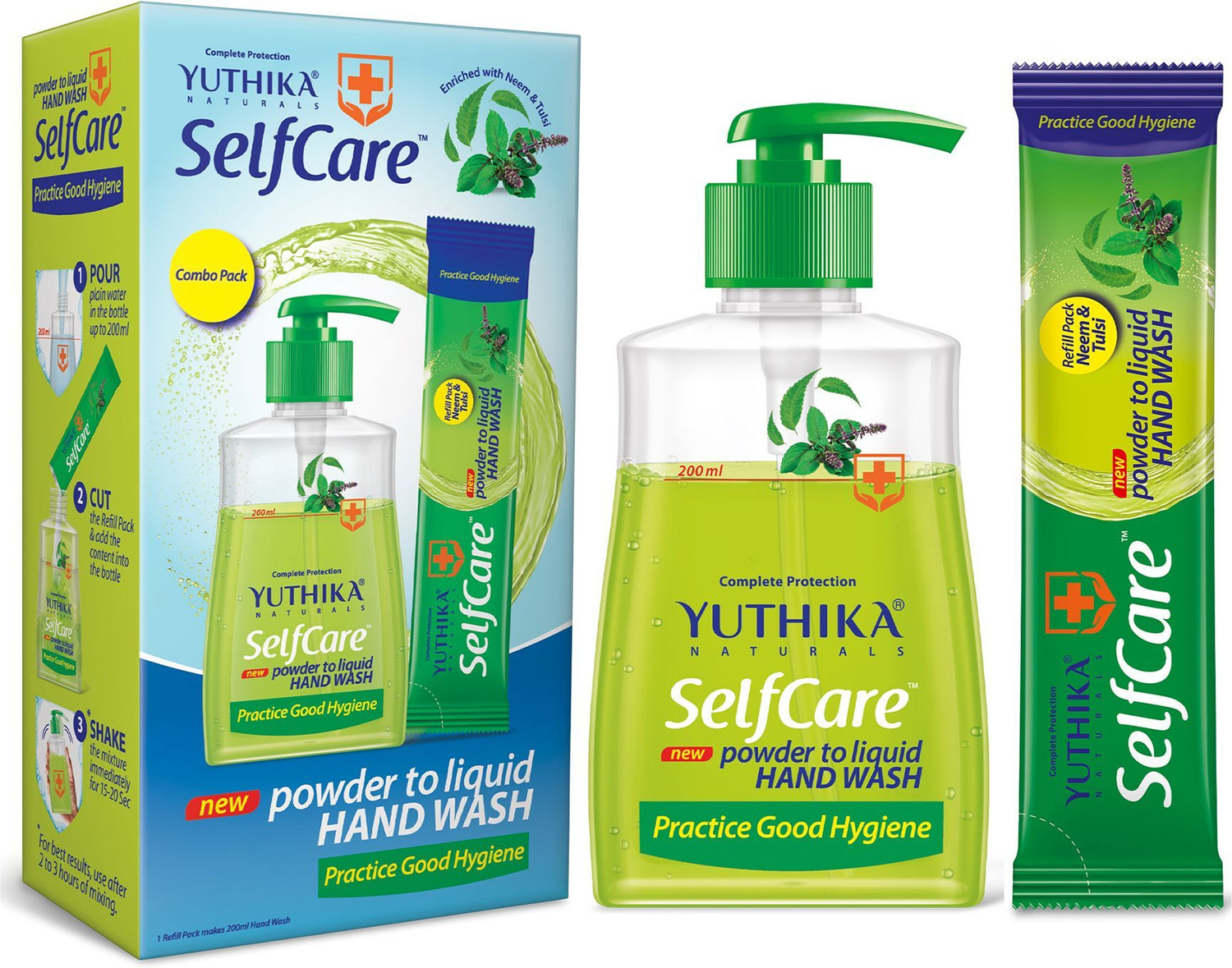 Image of Yuthika Selfcare Powder to Liquid Hand Wash Combo Neem - Bottle + 1 Sachet of 9gm Each Hand Wash Box