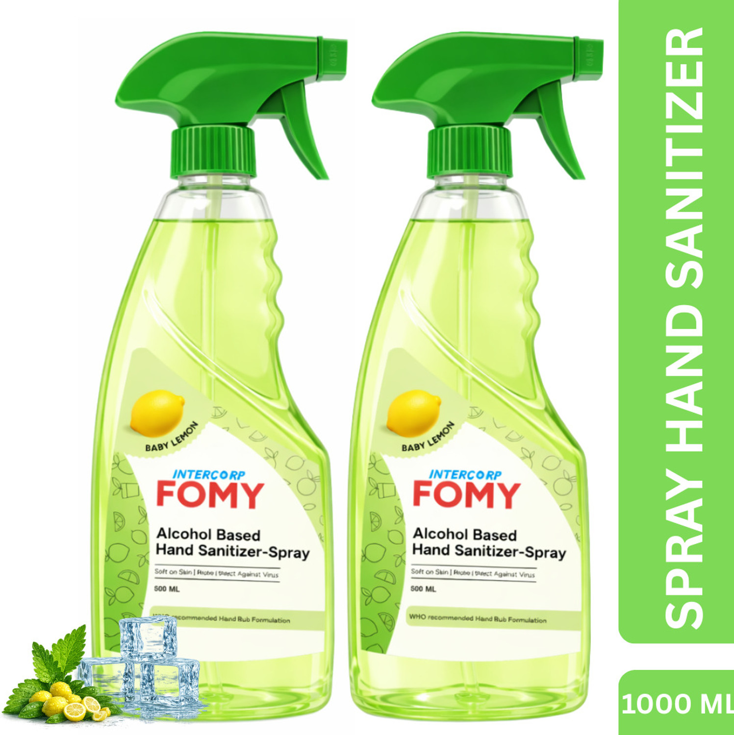 Image of Intercorp Fomy FOMY 75% Isopropyl Alcohol-based Hand Rub Sanitizer and Disinfectant Spray, 500 ml Each (Lemon - Pack of 2) Hand Rub Bottle