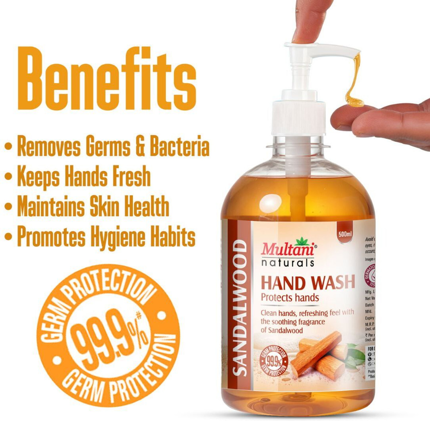 Image of Multani Naturals Sandalwood Hand Wash | 99.9% Germs Protection |Dermatologically Testd - Hand Wash Pump Dispenser