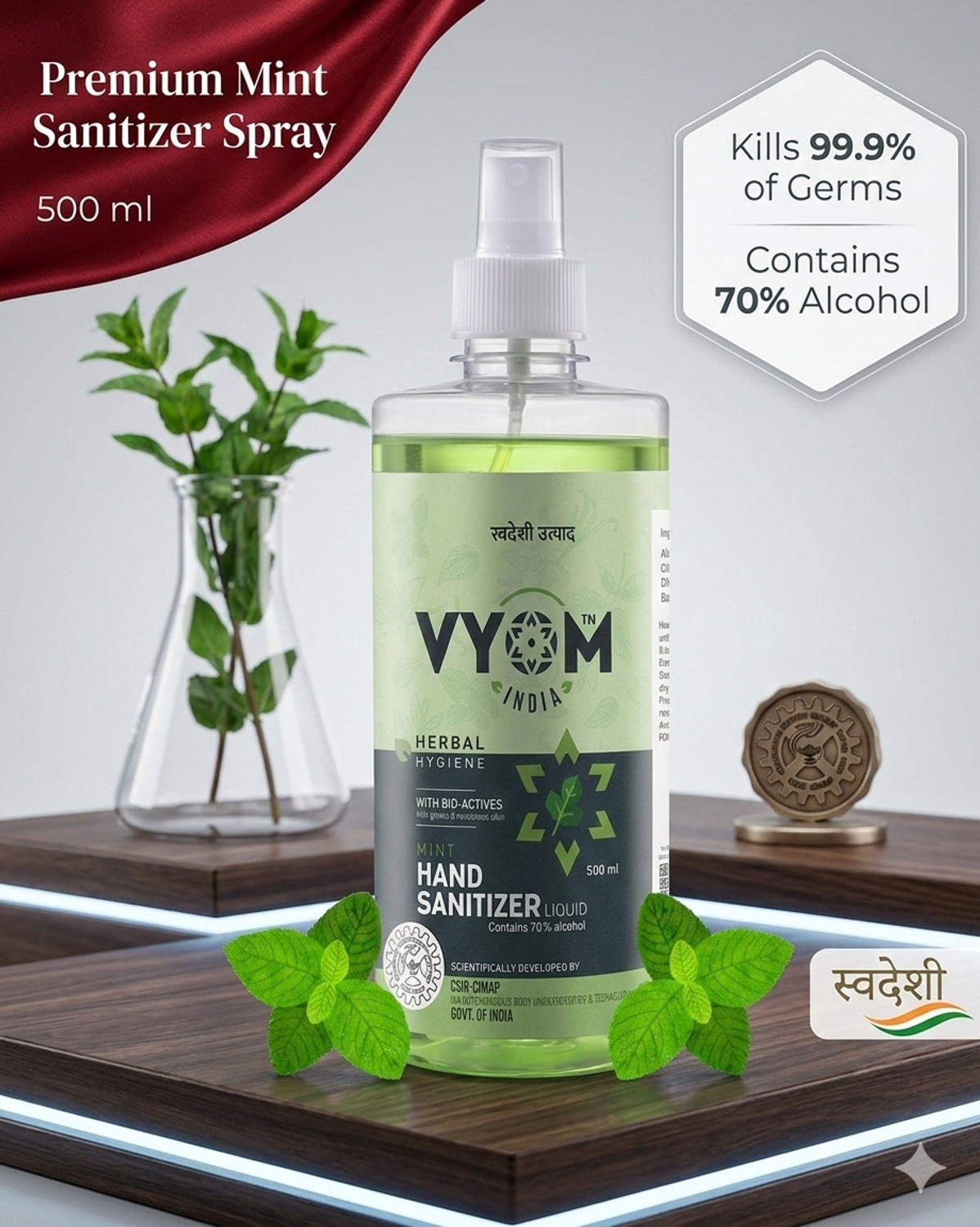 Image of VYOM INDIA Herbal Hygiene Mint Liquid Sanitizer Spray Bottle Hand Sanitizer Bottle