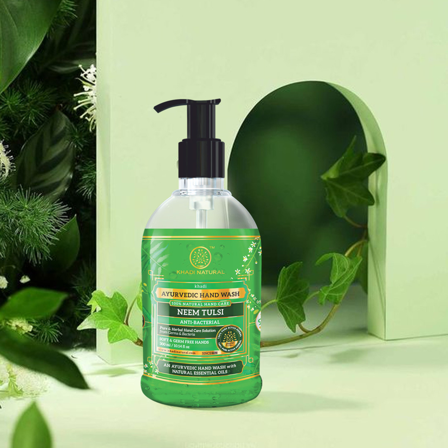 Image of KHADI NATURAL Neem Tulsi Hand Wash with Dispenser|Pack of 2 Hand Wash Bottle + Dispenser