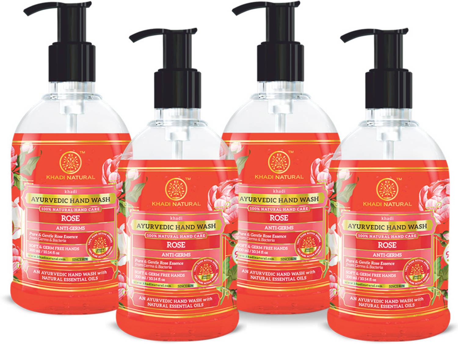 KHADI NATURAL Anti Germ Rose Hand Wash Bottle + Dispenser (4 x 30