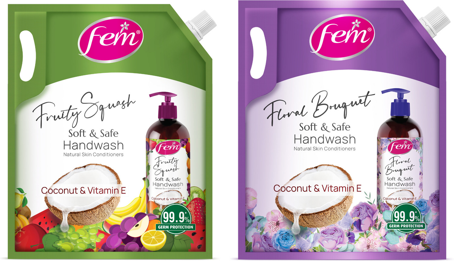 Image of Fem Floral Bouquet + Fruity Squash Liquid Handwash - Pack of 2 | With Coconut Milk Hand Wash Refill Pouch