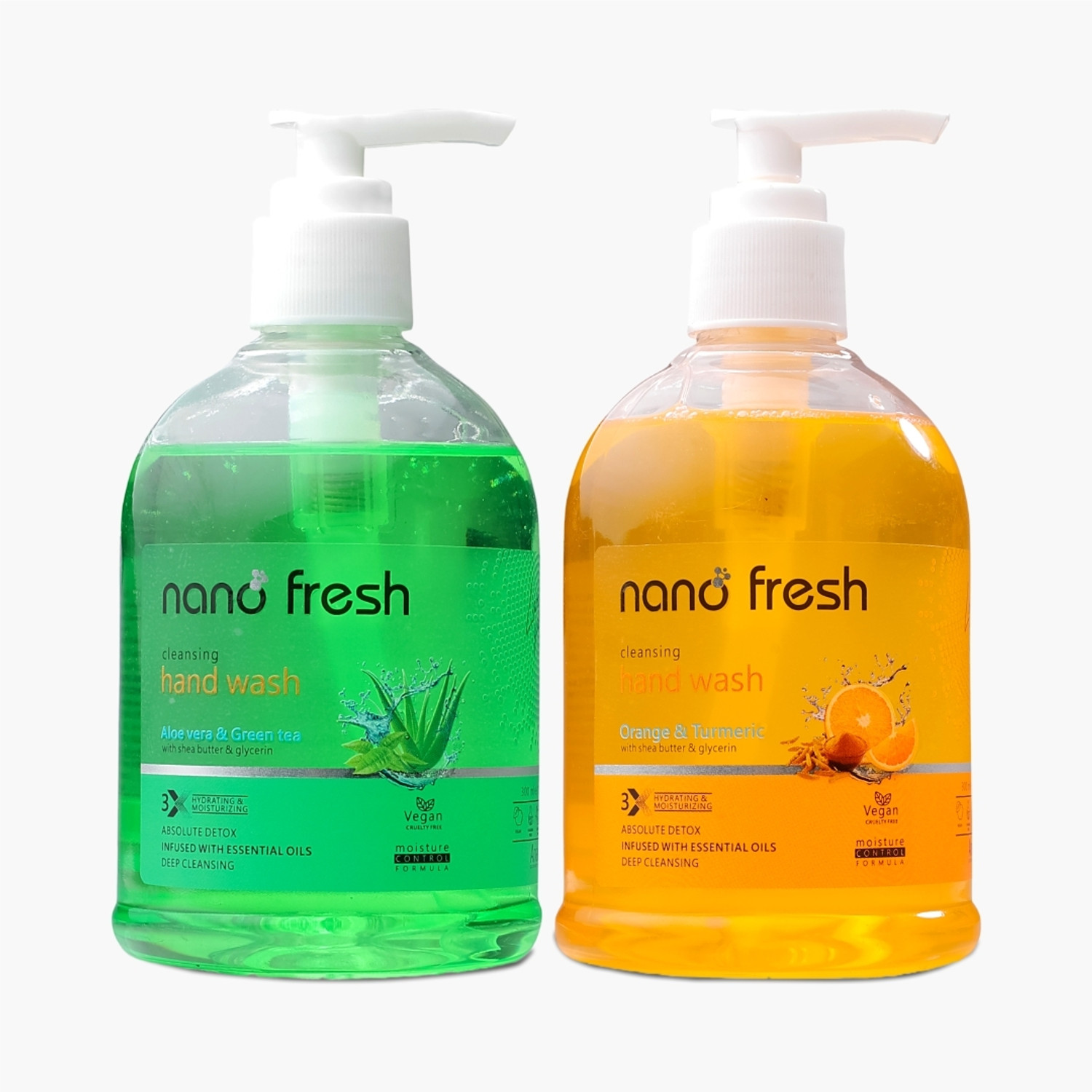 Image of Nano Fresh Green Tea & Aloevera + Orange & Turmeric Hand Wash | Shea Butter & Glycerin Hand Wash Pump Dispenser