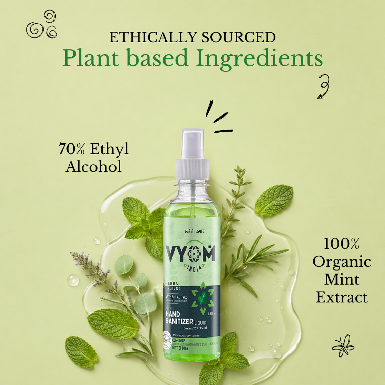 Image of VYOM INDIA HerbalHygieneMintLiquidSanitizerSprayBottle Hand Sanitizer Bottle