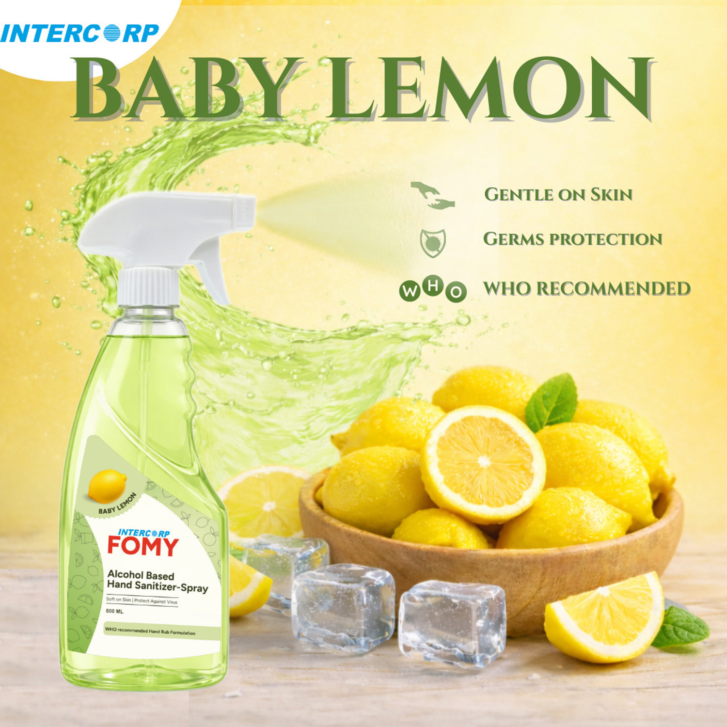 Image of Intercorp Fomy FOMY 75% Isopropyl Alcohol-based Hand Rub Sanitizer and Disinfectant Spray, 500 ml Each (Lemon - Pack of 2) Hand Rub Bottle