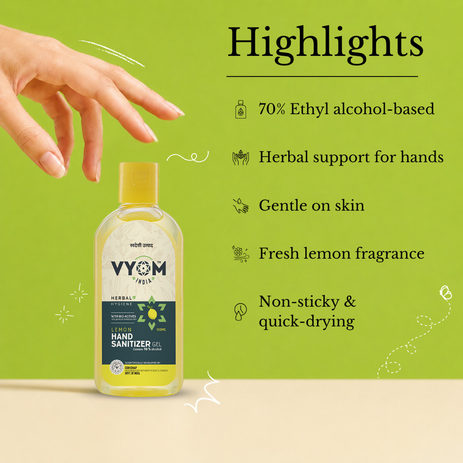 Image of VYOM INDIA HerbalHygieneLemonGel Hand Sanitizer Bottle