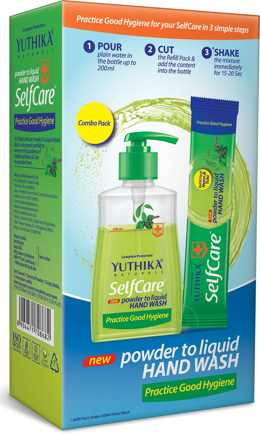 Image of Yuthika Selfcare Powder to Liquid Hand Wash Combo Neem - Bottle + 1 Sachet of 9gm Each Hand Wash Box
