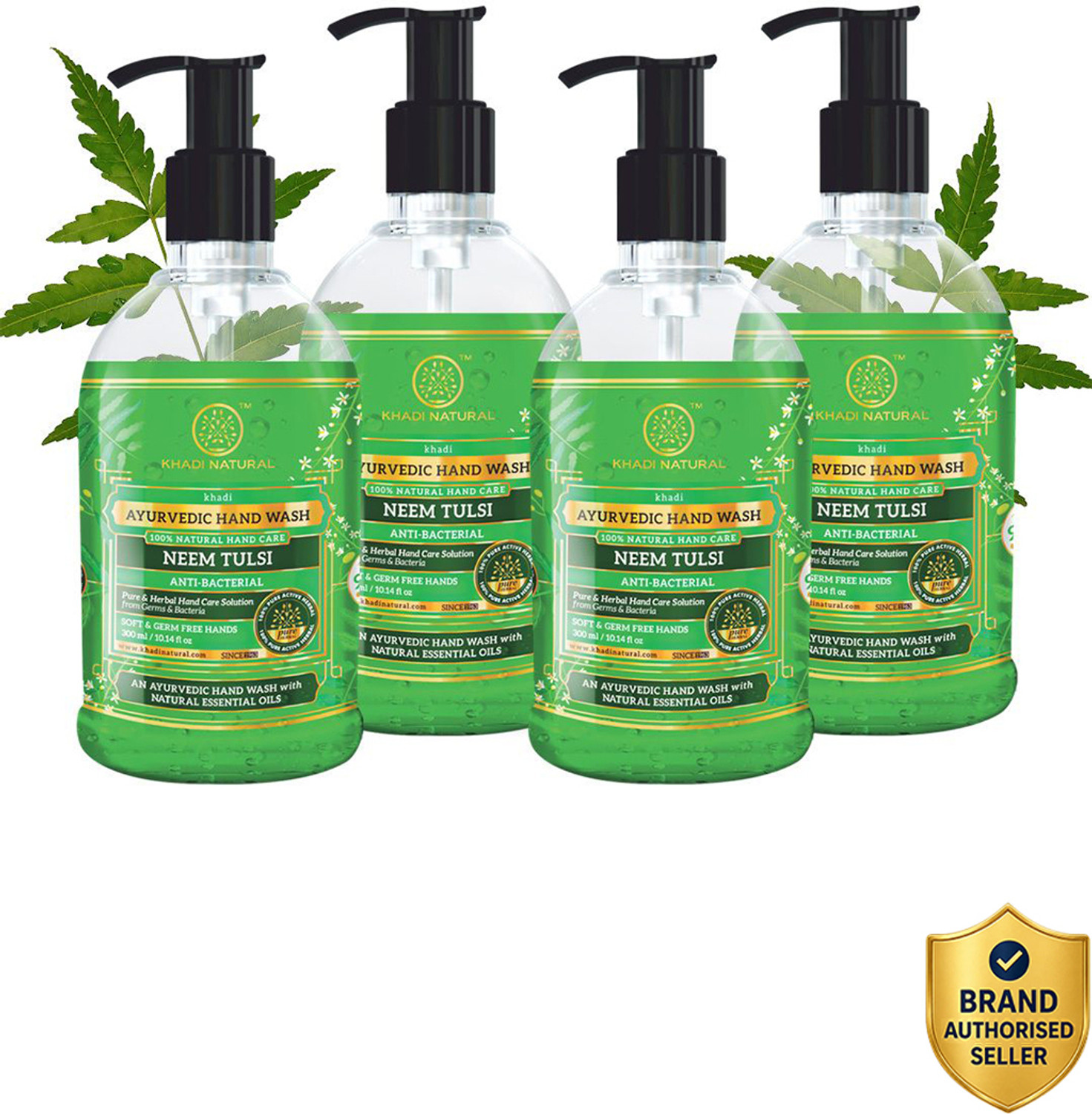 Image of KHADI NATURAL Neem Tulsi Hand Wash with Dispenser Pack of 4 Hand Wash Bottle + Dispenser