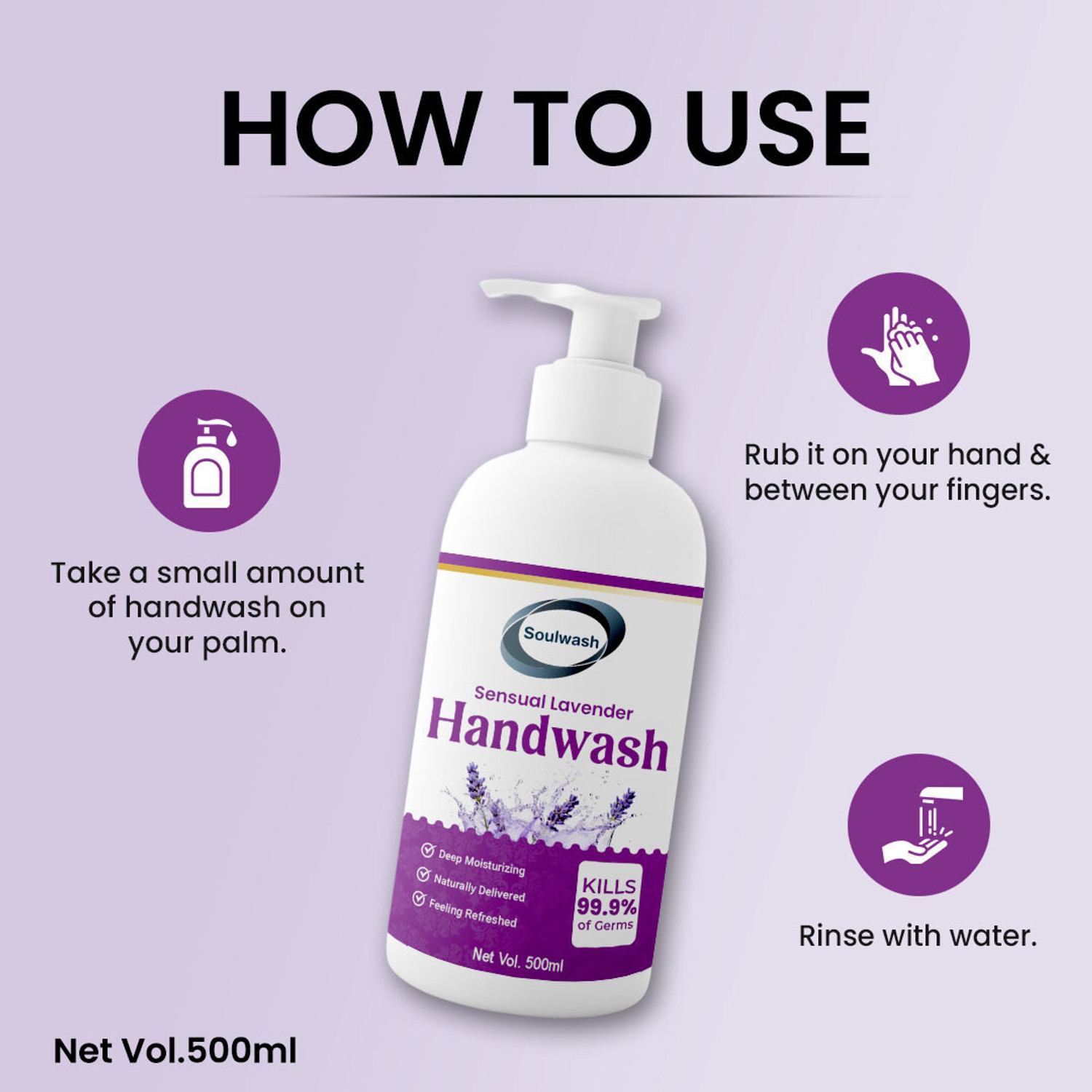 Image of SOULWASH LAVENDER Hand Wash|Infused with skin-loving ingredients|500ml. Hand Wash Bottle