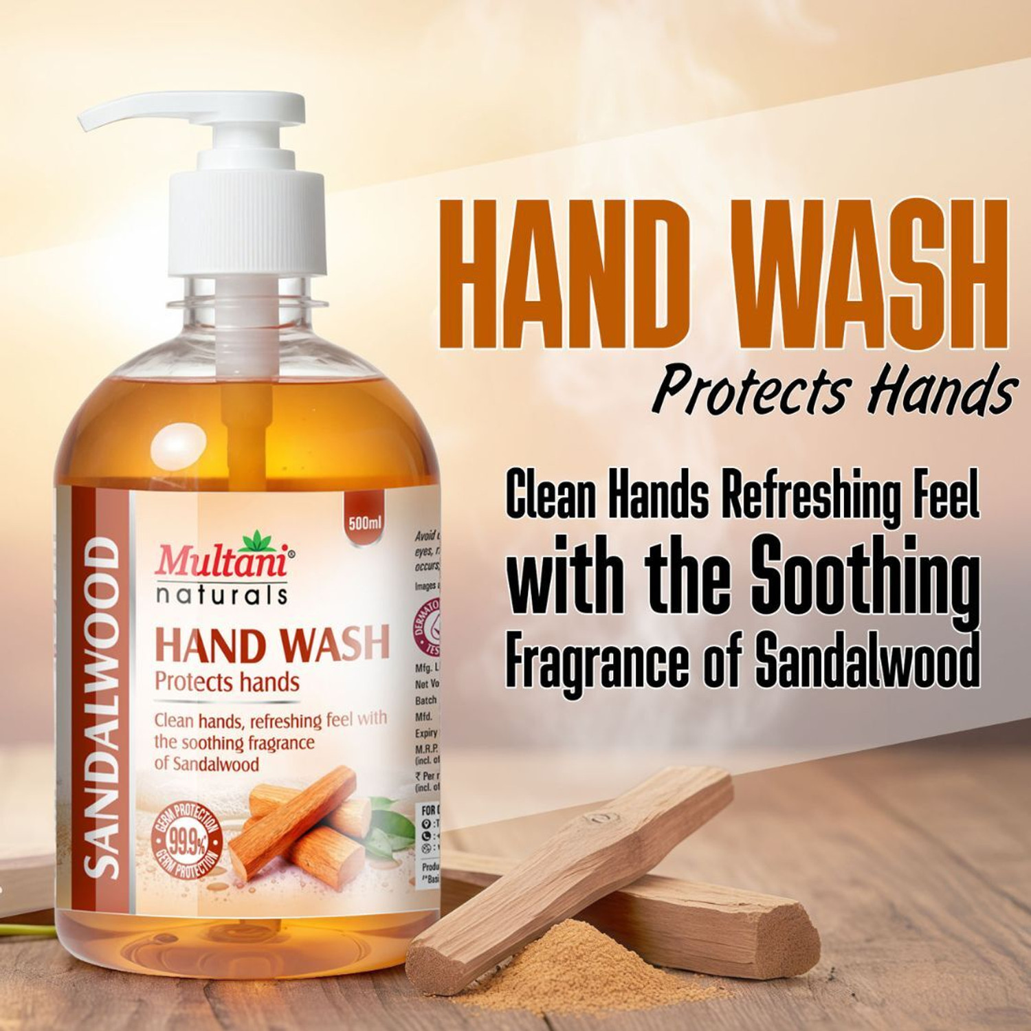 Image of Multani Naturals Sandalwood Hand Wash | 99.9% Germs Protection |Dermatologically Testd - Hand Wash Pump Dispenser