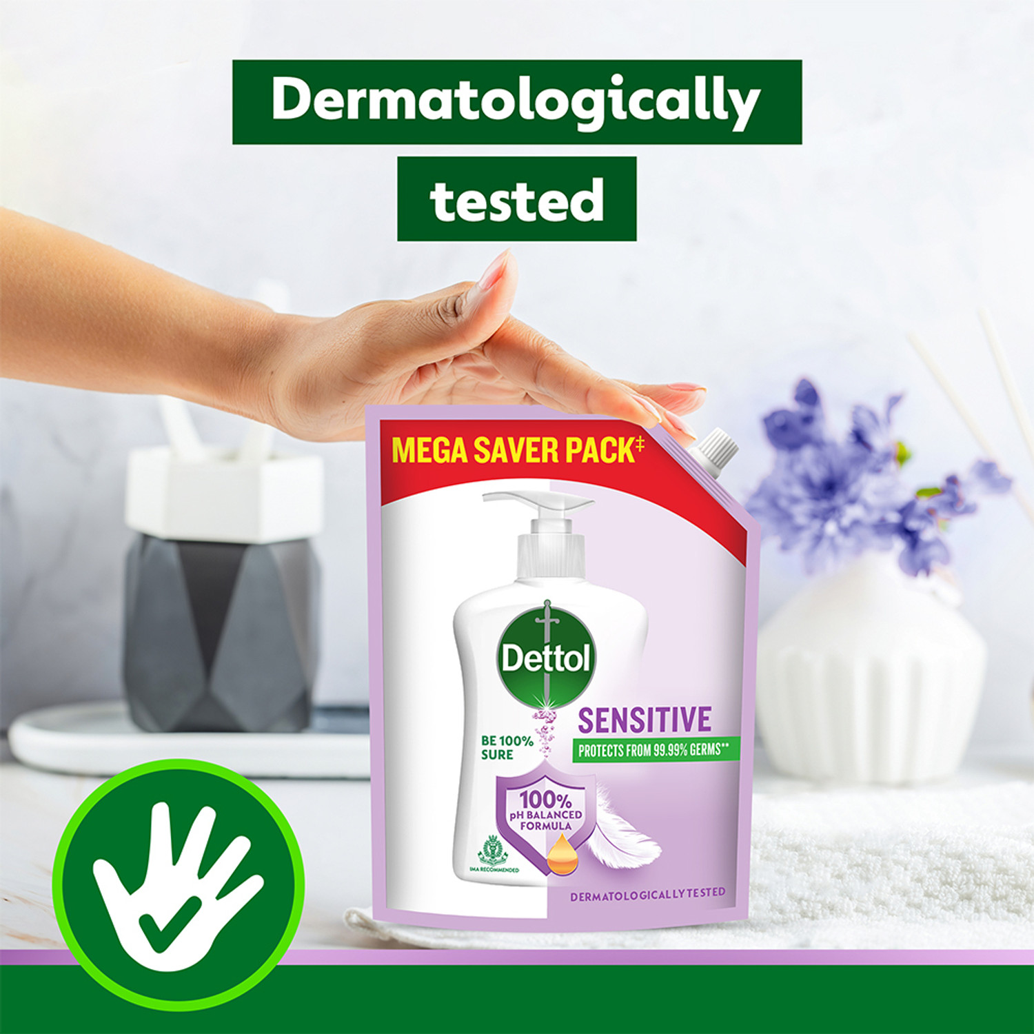 Image of Dettol Sensitive , liquid for bottle, Pouch, no powder, 10X Germ Protection, soap Hand Wash Refill Pouch