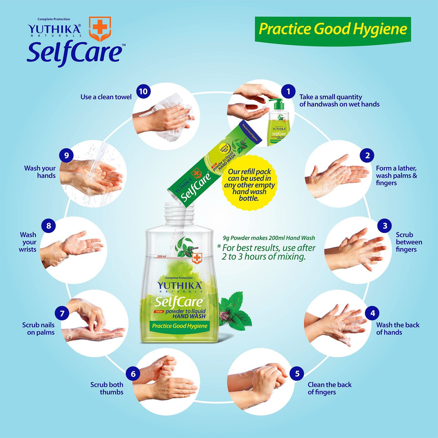 Image of Yuthika Selfcare Powder to Liquid Hand Wash Combo Neem - Bottle + 1 Sachet of 9gm Each Hand Wash Box