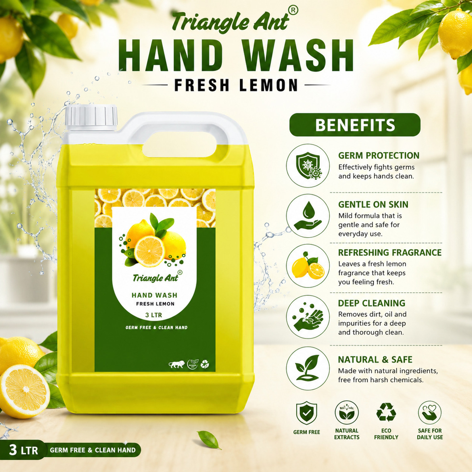 Image of Triangle Ant Refreshing Lemon Hand Wash Hand Wash Can (2 x 1 L)
