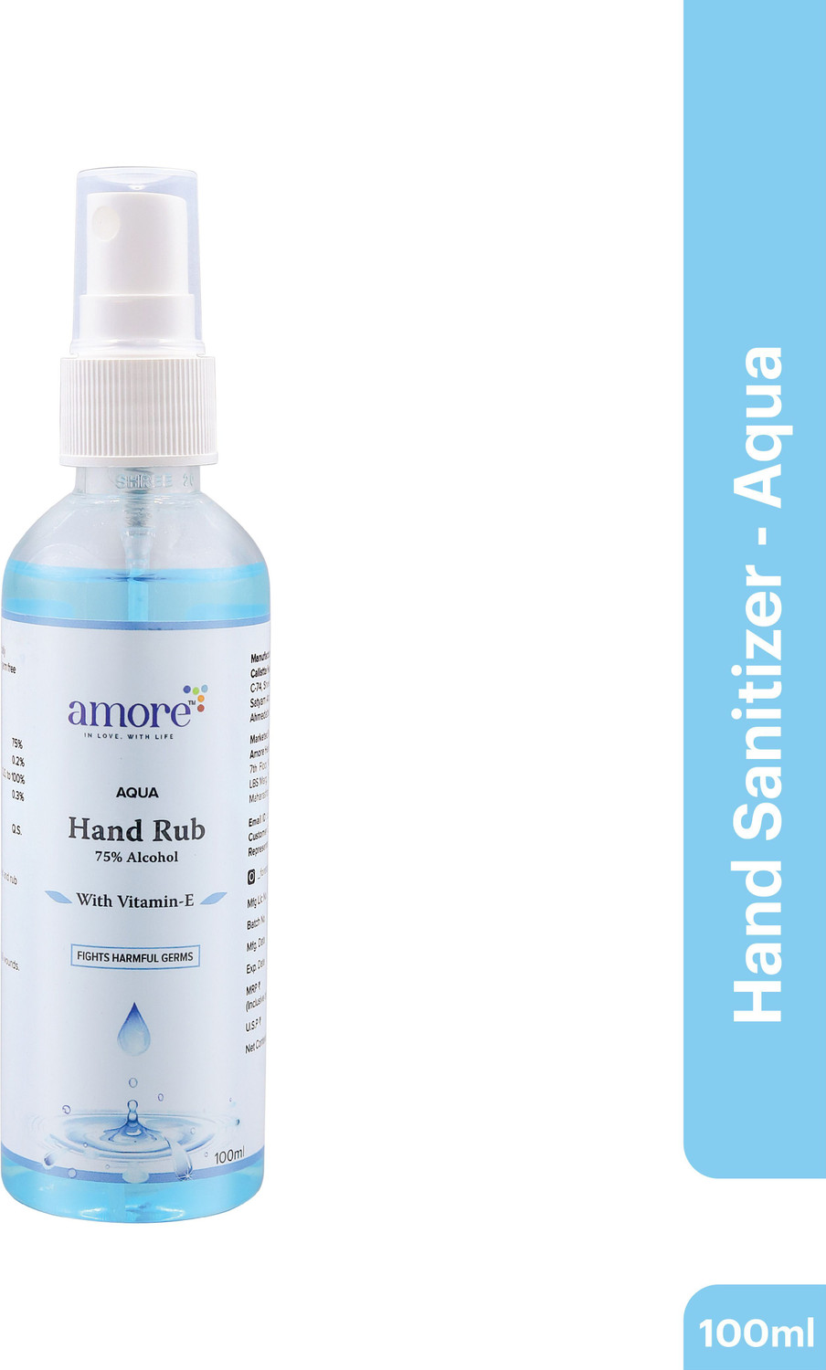 Image of AMORE Aqua Hand Rub Liquid Sanitizer Spray | Kills Germs | Keeps Hands Soft & Hygienic Hand Sanitizer Bottle + Refill
