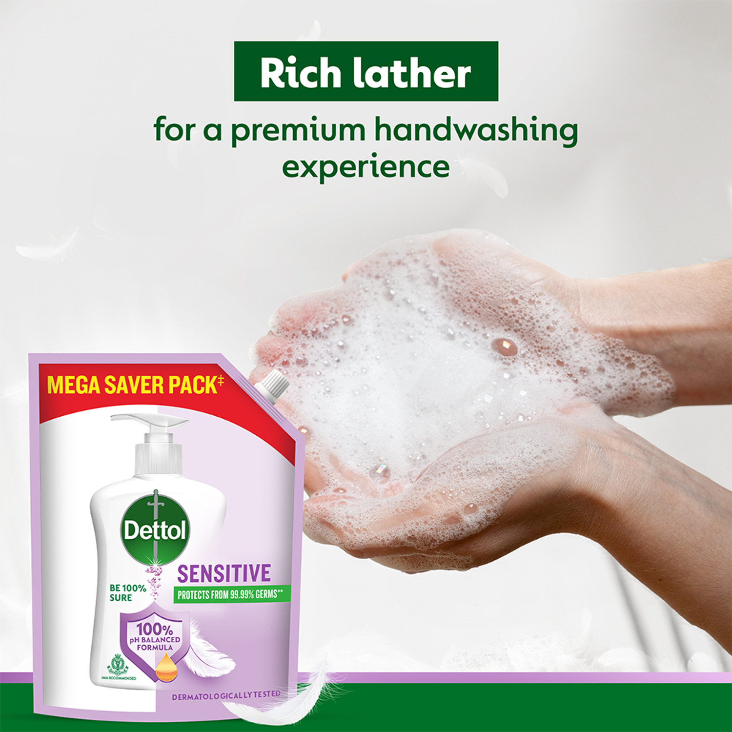 Image of Dettol Sensitive , liquid for bottle, Pouch, no powder, 10X Germ Protection, soap Hand Wash Refill Pouch