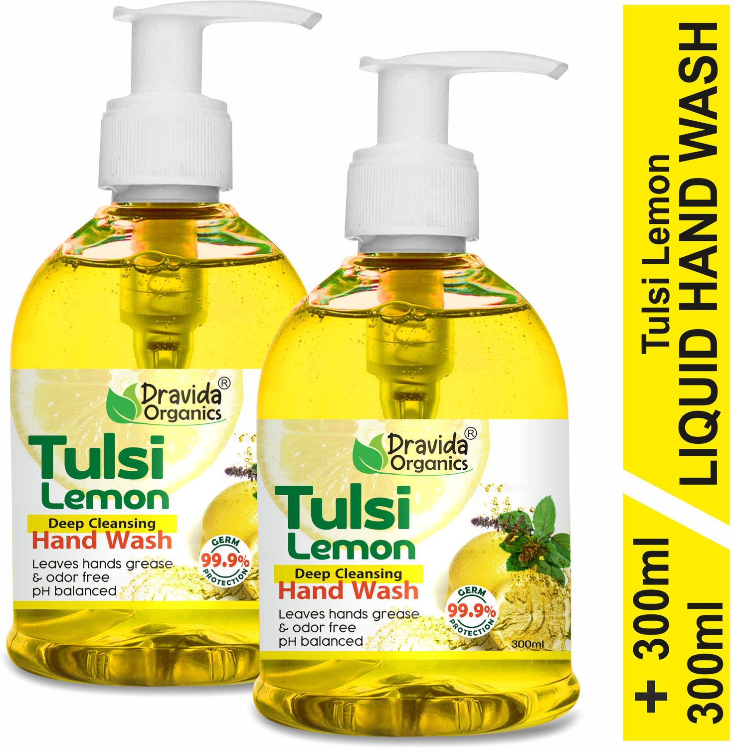Image of Dravida Organics Pure Tulsi & Lemon Hand Wash for Deep Cleansing | Hand Protection | Refreshing Hand Wash Pump Dispenser