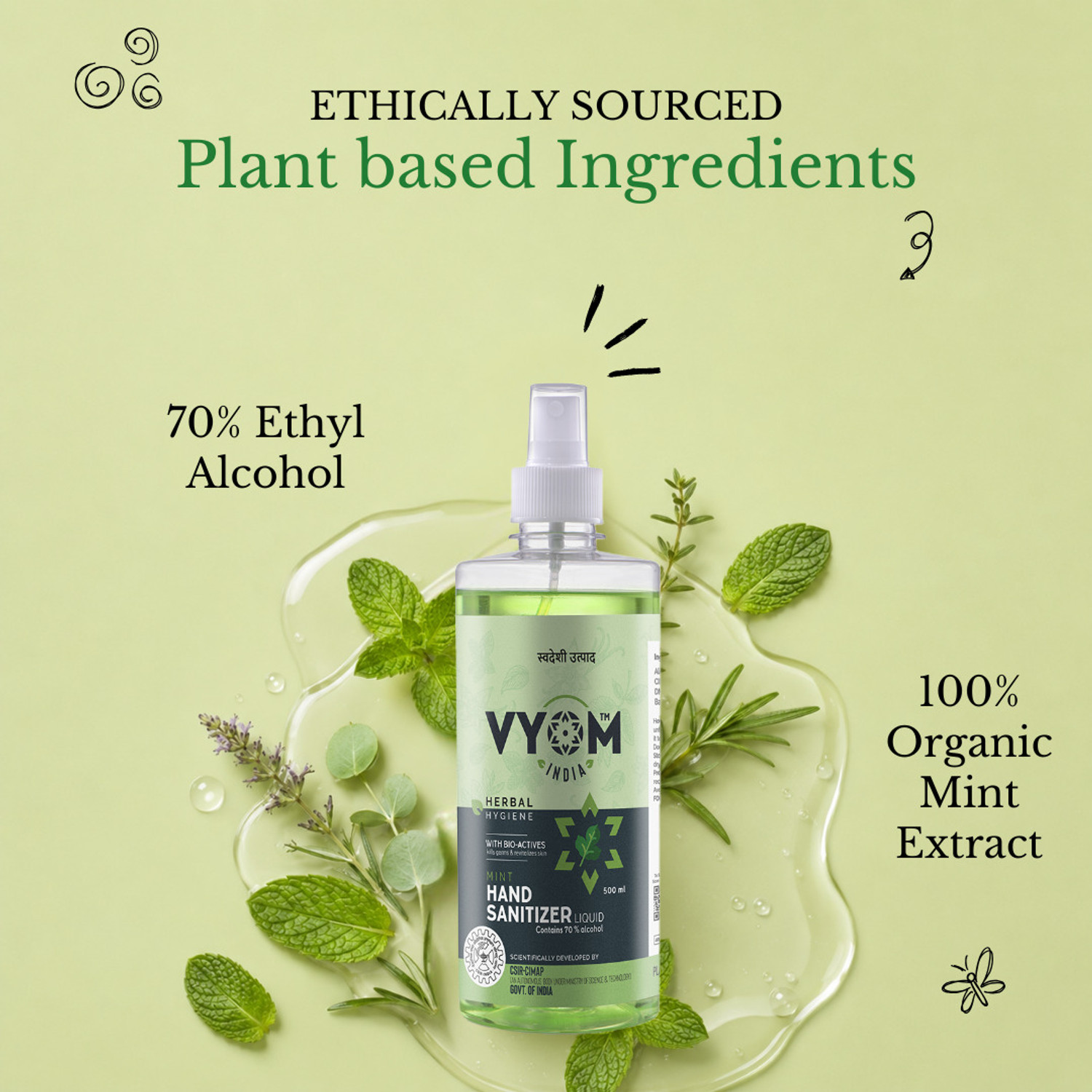 Image of VYOM INDIA Herbal Hygiene Mint Liquid Sanitizer Spray Bottle Hand Sanitizer Bottle