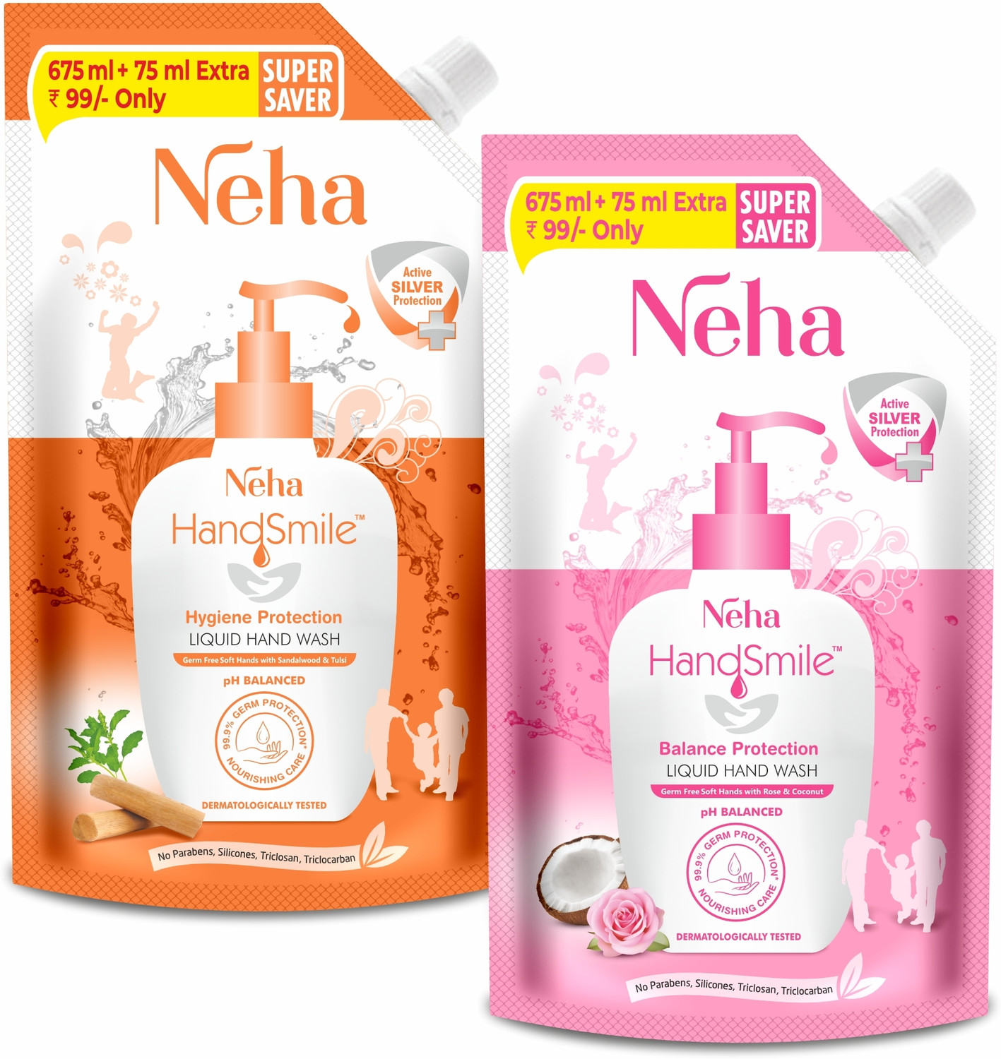 Image of Neha Herbals Neha Handsmile Balance & Hygiene Protection Refill Combo Hand Wash Refill Pouch