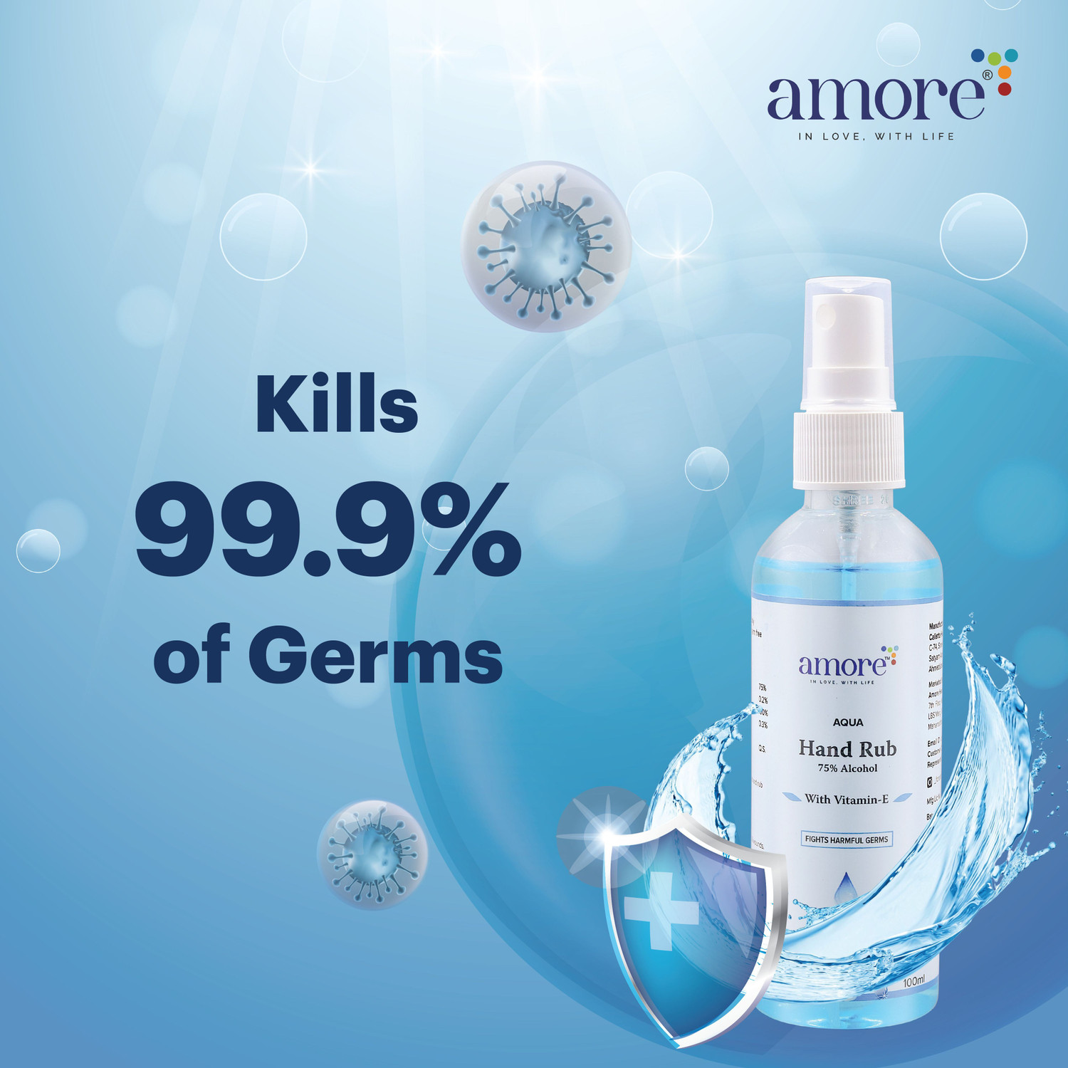 Image of AMORE Aqua Hand Rub Liquid Sanitizer Spray | Kills Germs | Keeps Hands Soft & Hygienic Hand Sanitizer Bottle + Refill