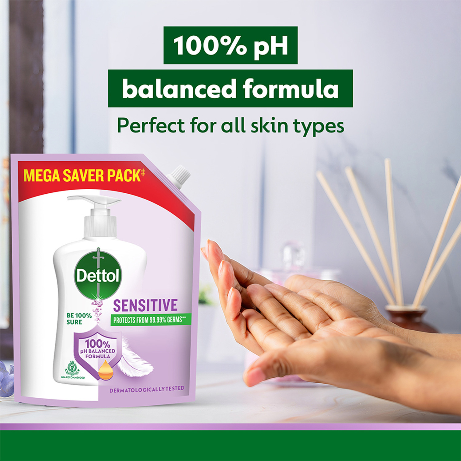 Image of Dettol Sensitive , liquid for bottle, Pouch, no powder, 10X Germ Protection, soap Hand Wash Refill Pouch